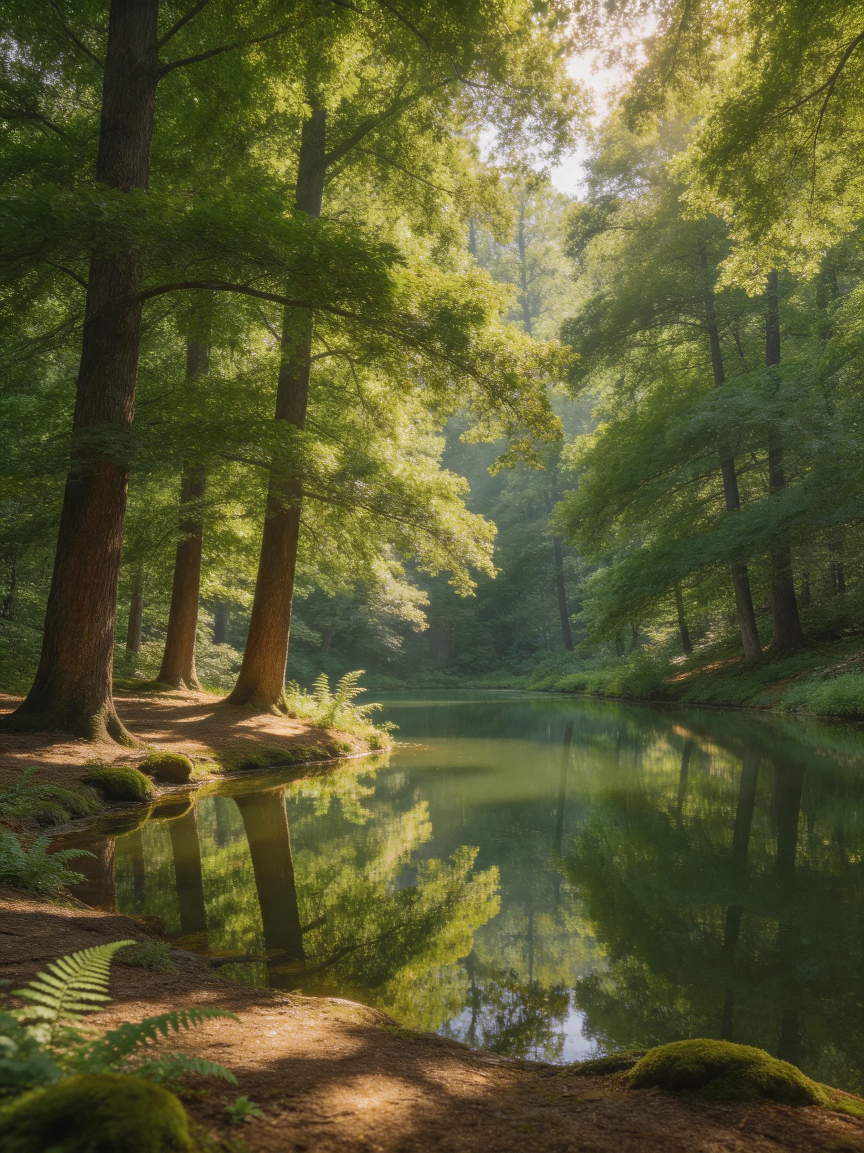 Tall brown-trunked trees reflect in calm green forest water