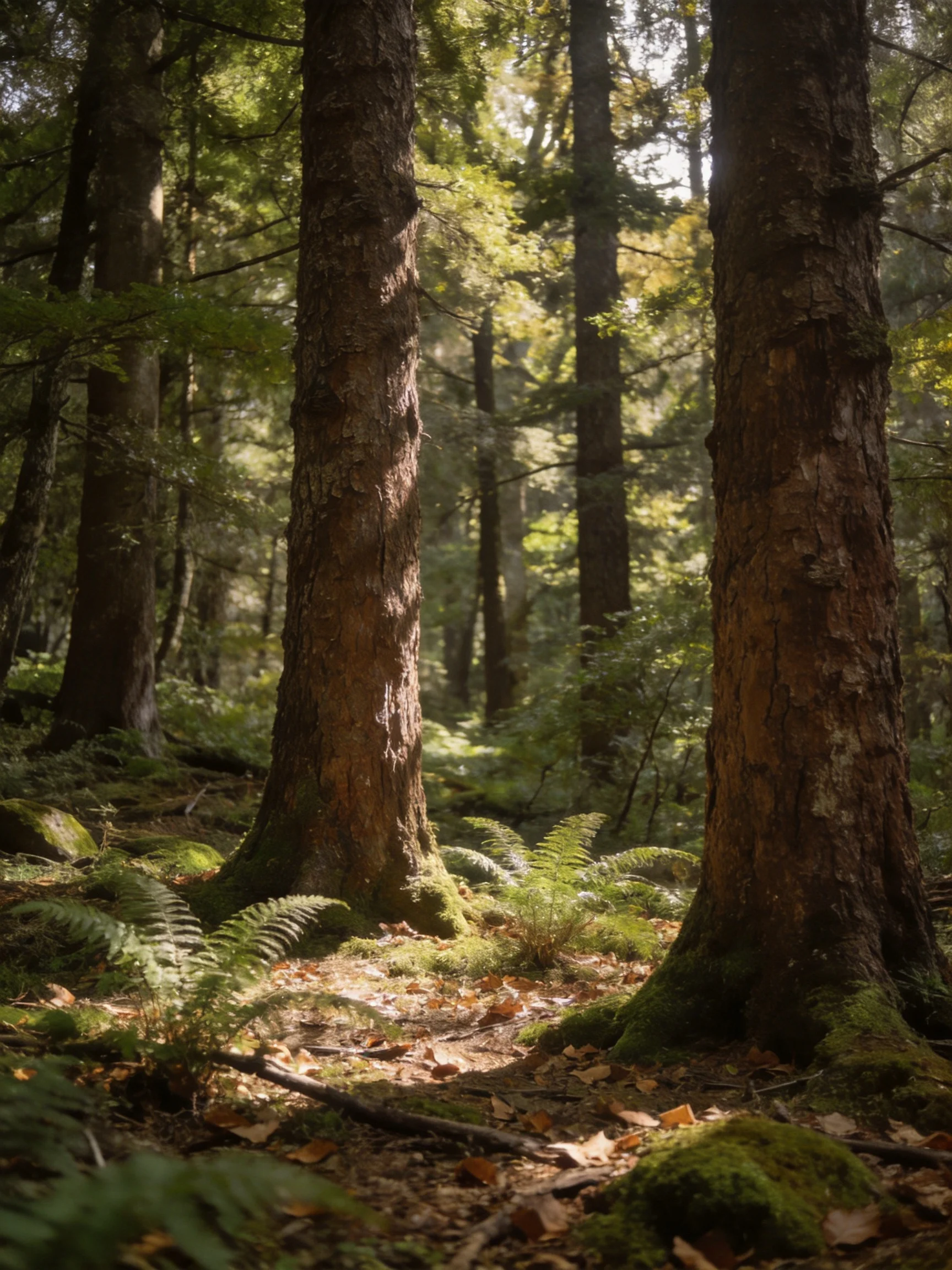 Tall brown-trunked trees stand amid lush green ferns in a sun-dappled forest