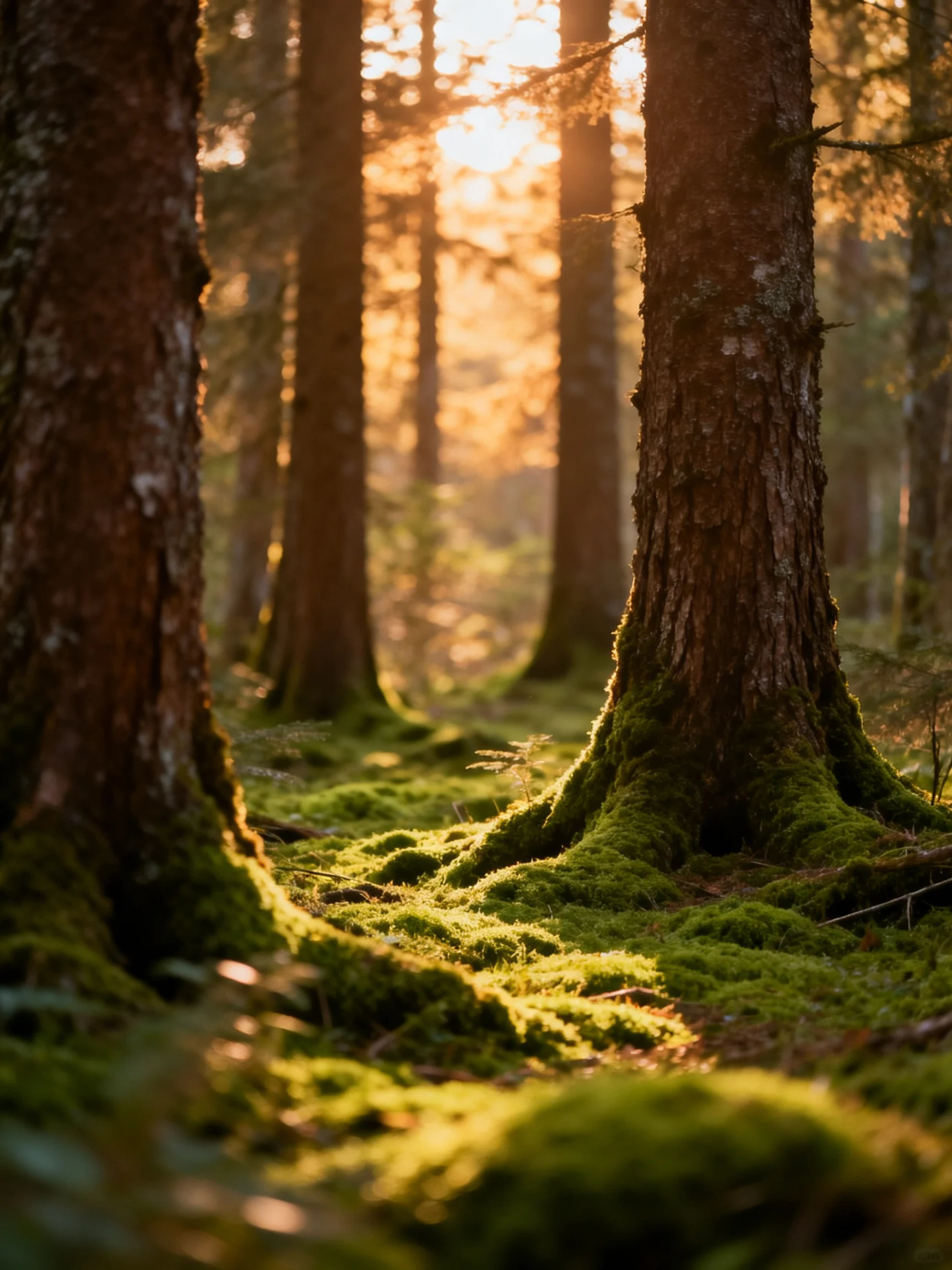 Tall brown-trunked trees stand among thick green moss under golden sunlight