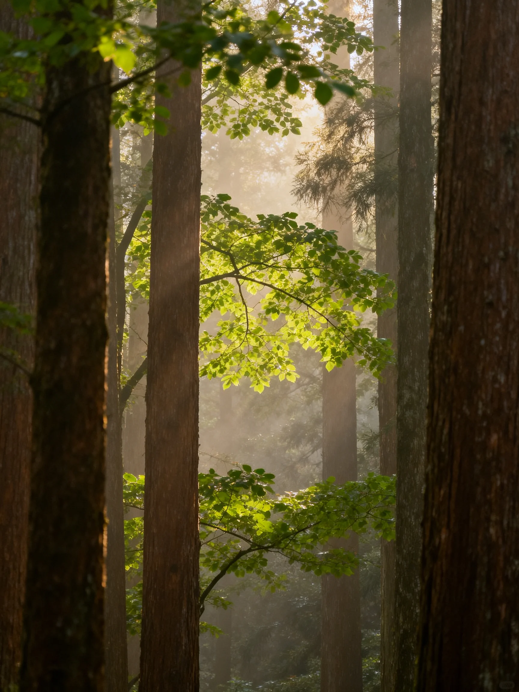 Tall brown-trunked trees with green foliage in morning mist