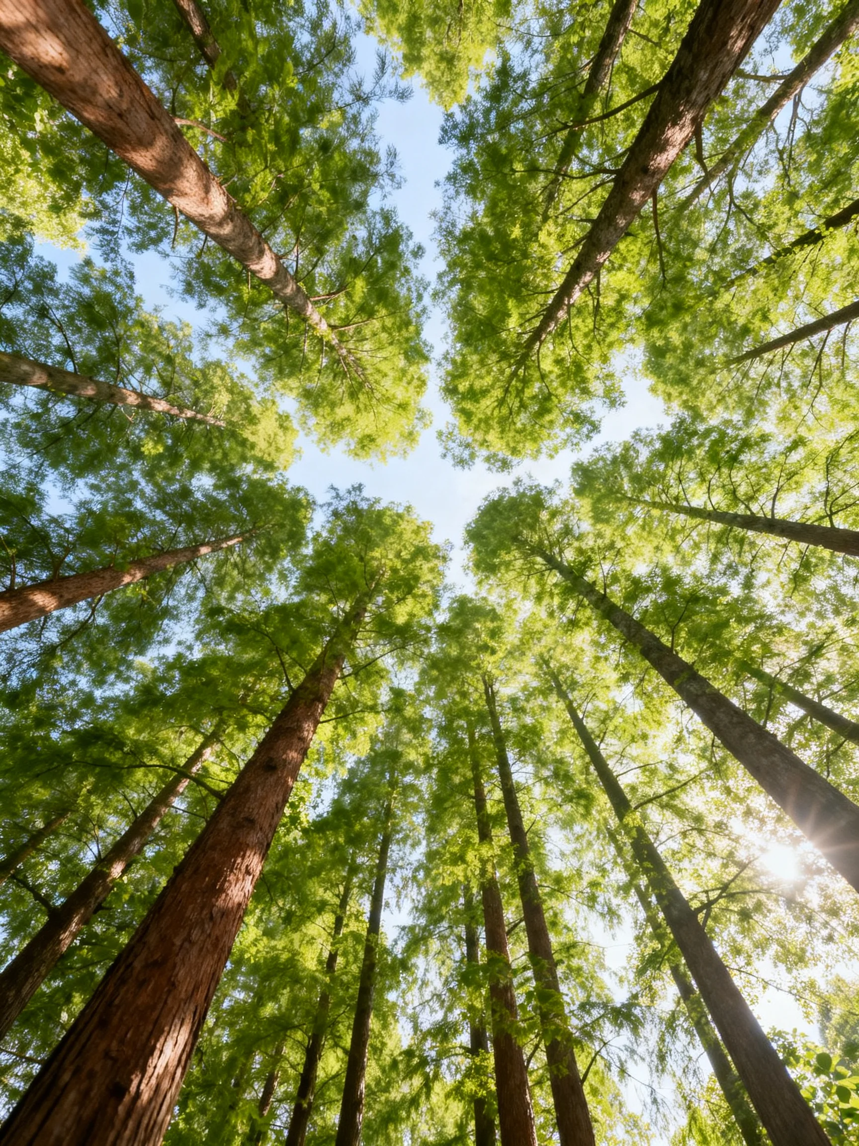 Tall brown-trunked trees with lush green canopies reach toward clear blue sky