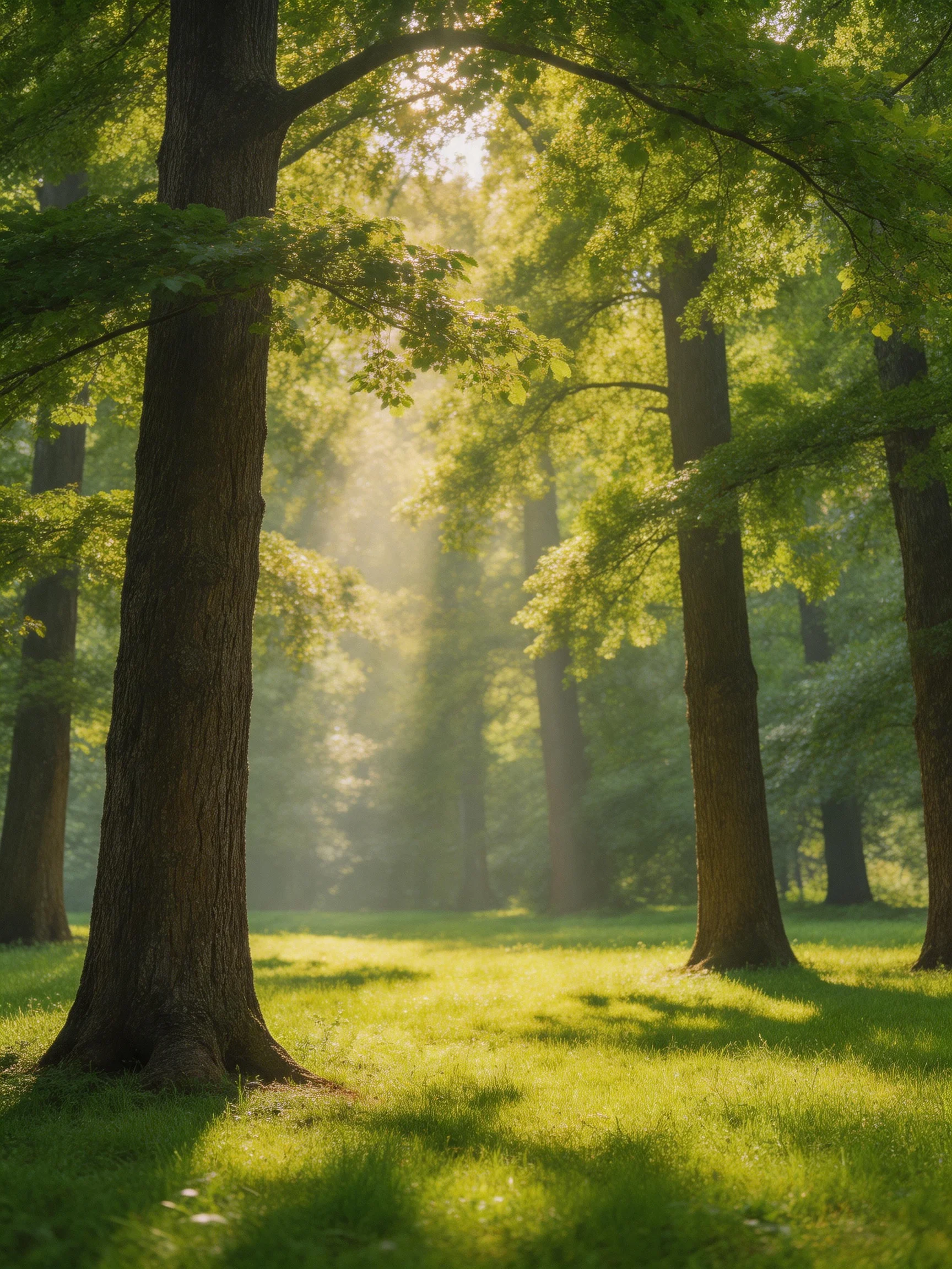 Tall brown-trunked trees with lush green canopy in sunlit forest
