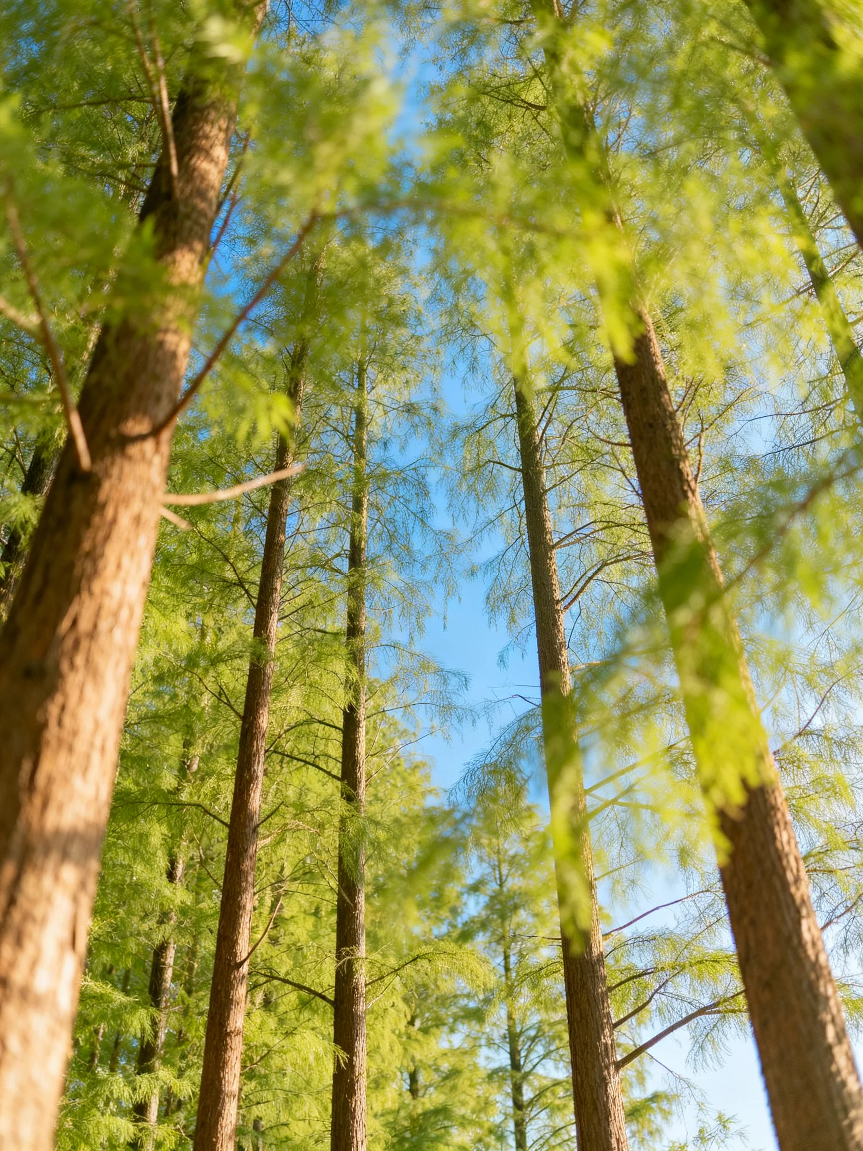 Tall brown-trunked trees with lush green foliage beneath clear blue sky