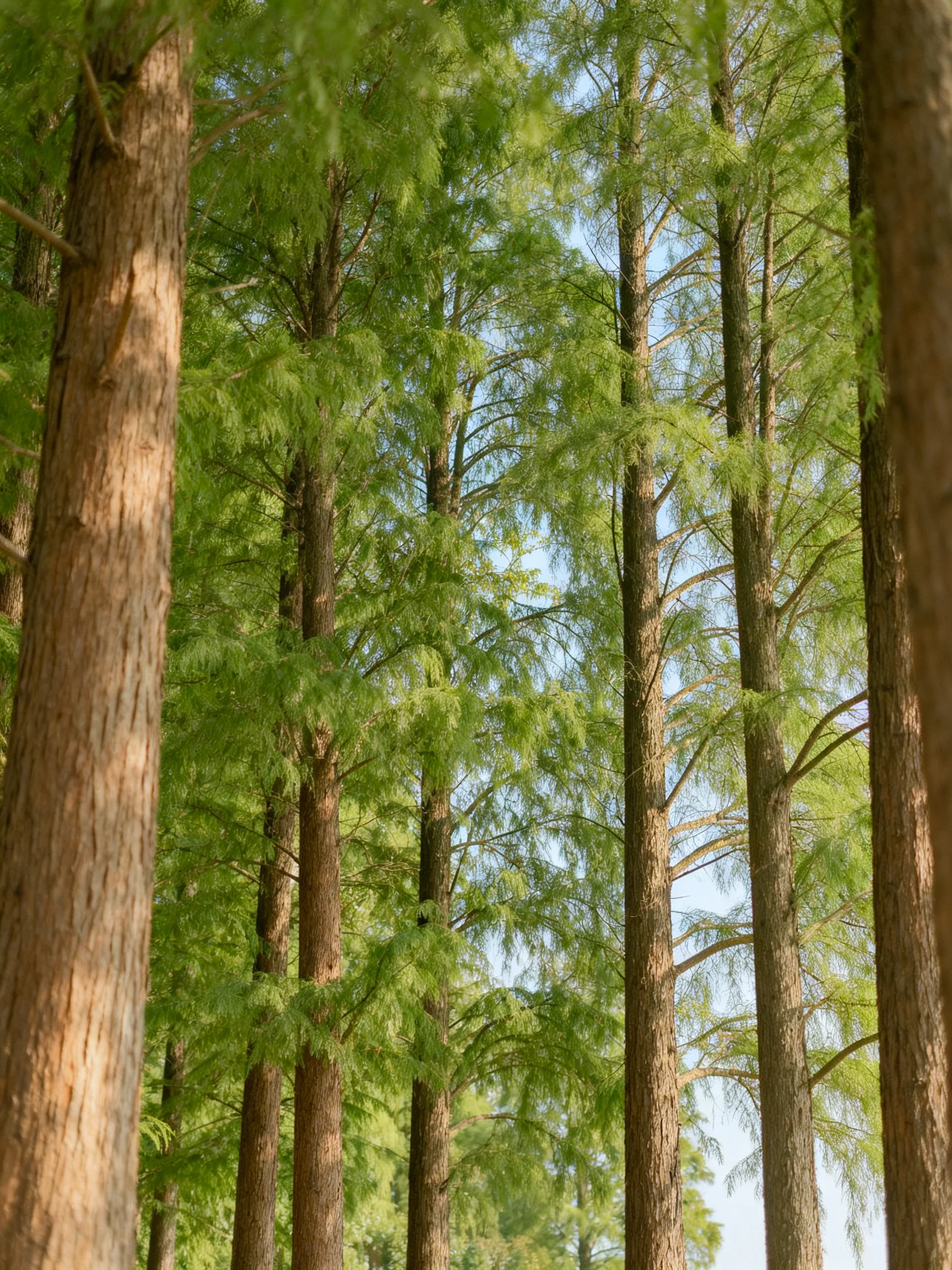 Tall brown-trunked trees with lush green foliage under bright sky