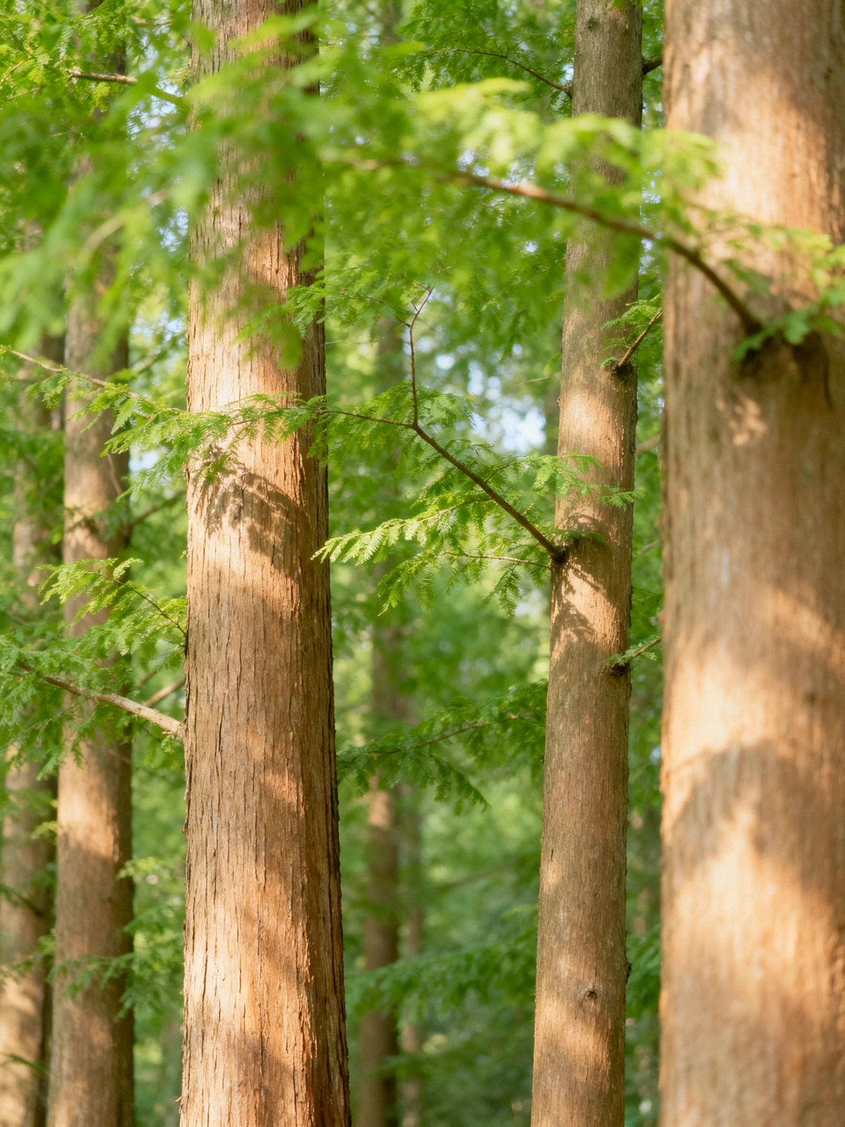 Tall brown-trunked trees with lush green foliage under soft sunlight