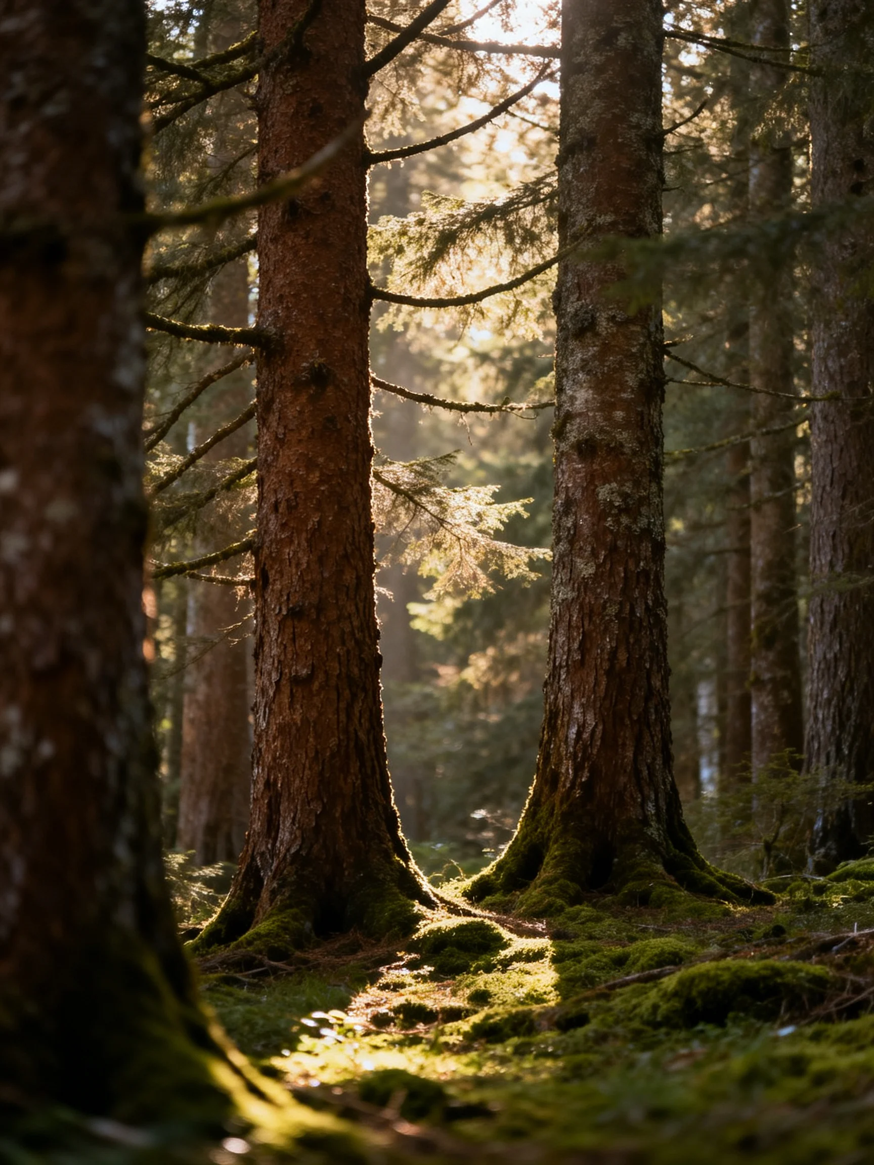 Tall brown-trunked trees with mossy bases under golden sunlight