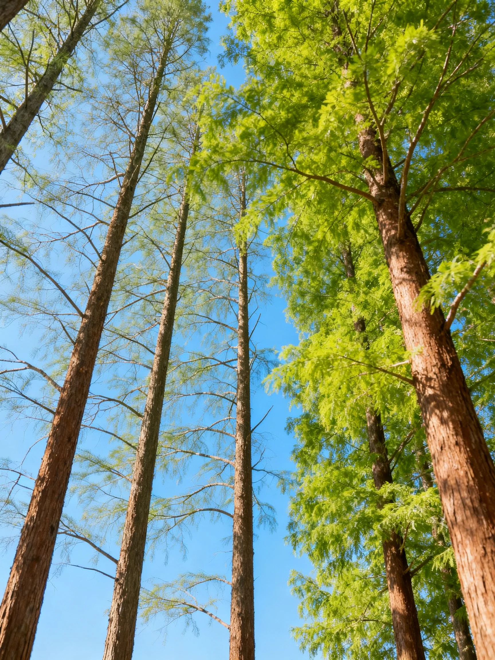 Tall brown-trunked trees with vibrant green foliage under clear blue sky