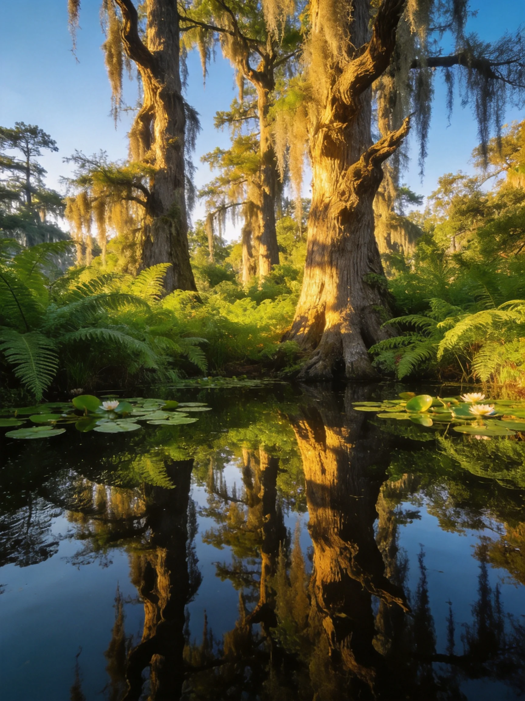 Tall cypress trees and ferns reflect in calm water