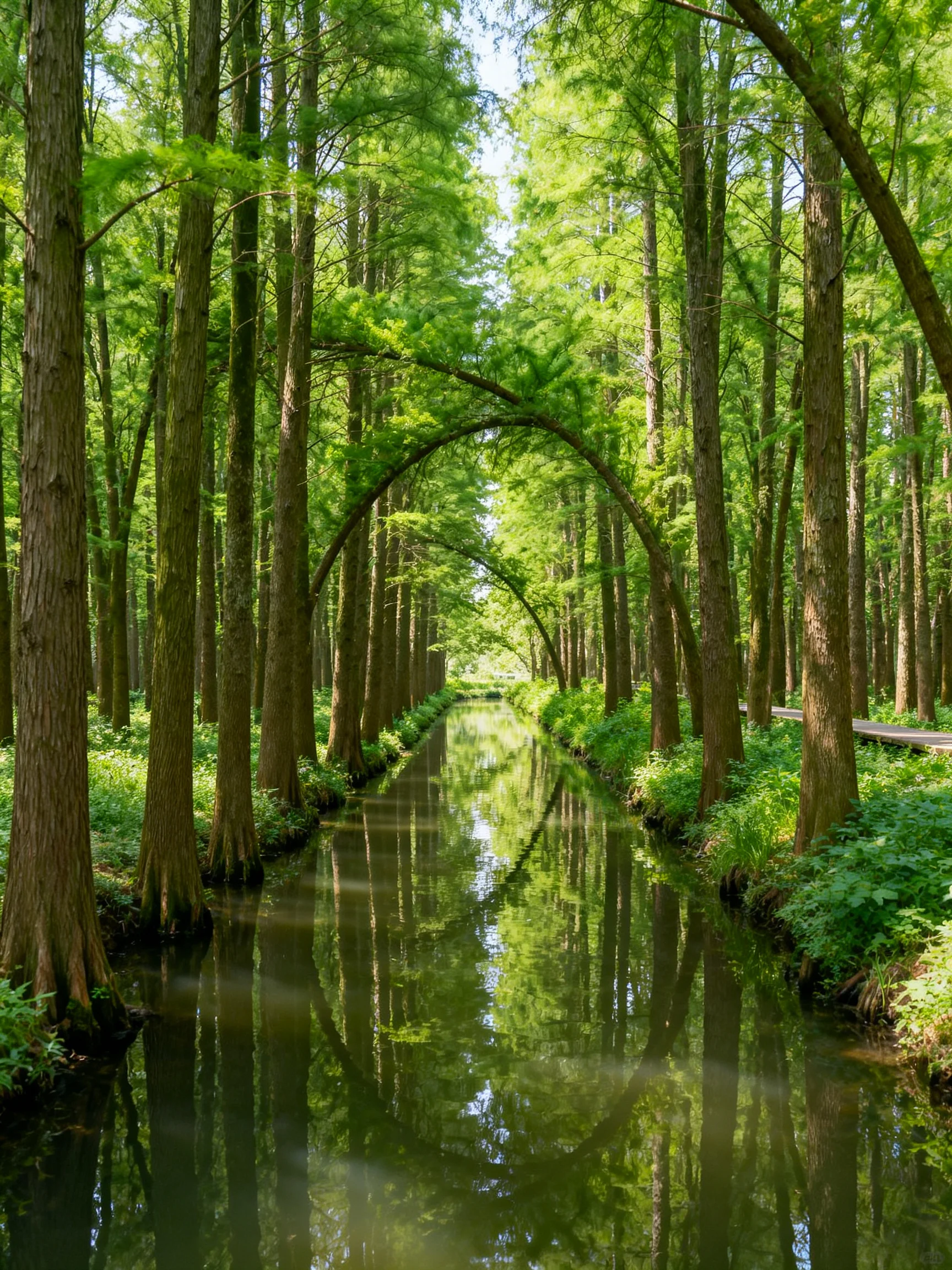 Tall cypress trees form arches over a serene waterway