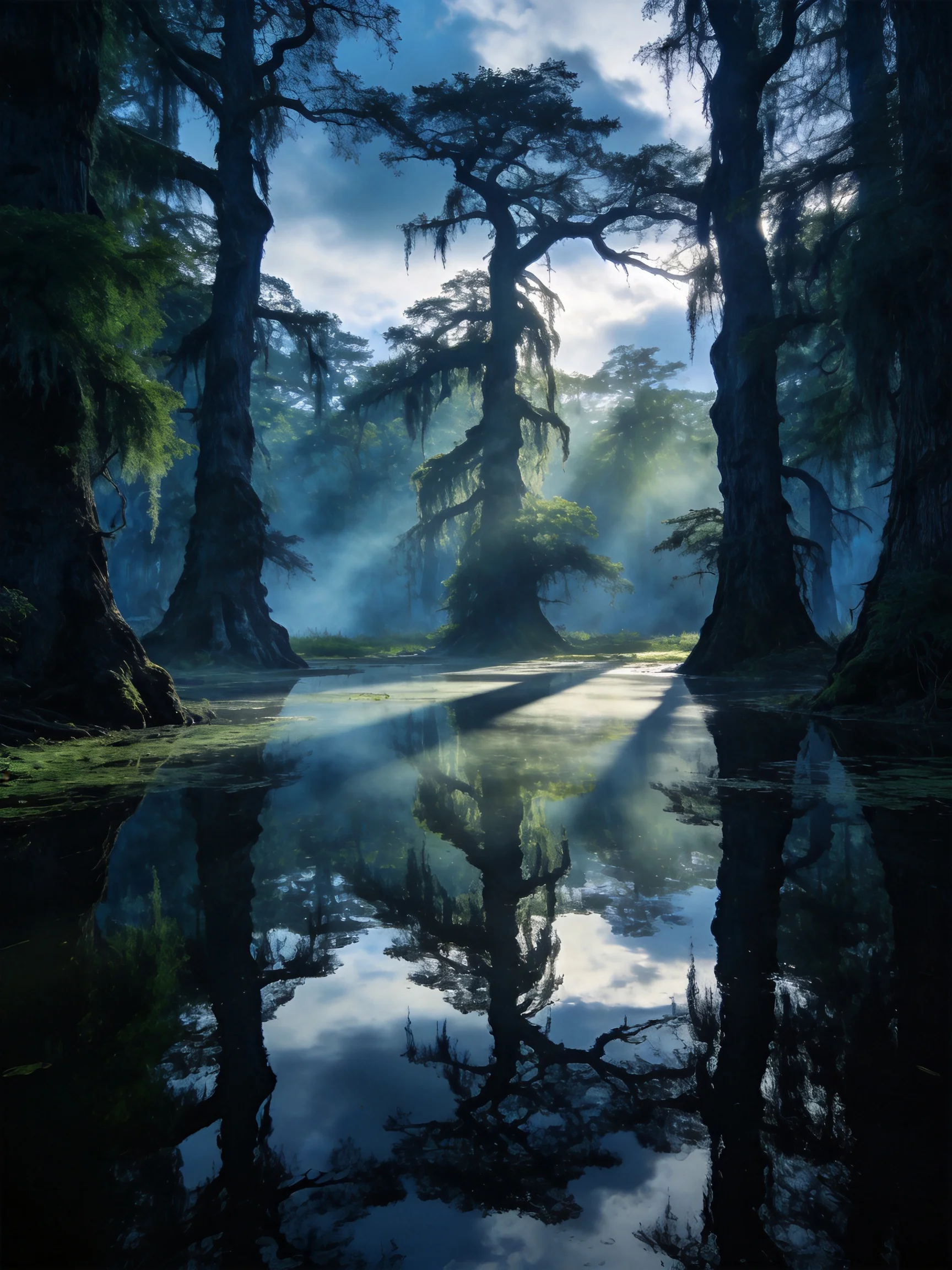 Tall cypress trees reflect in calm swamp waters amid misty forest light