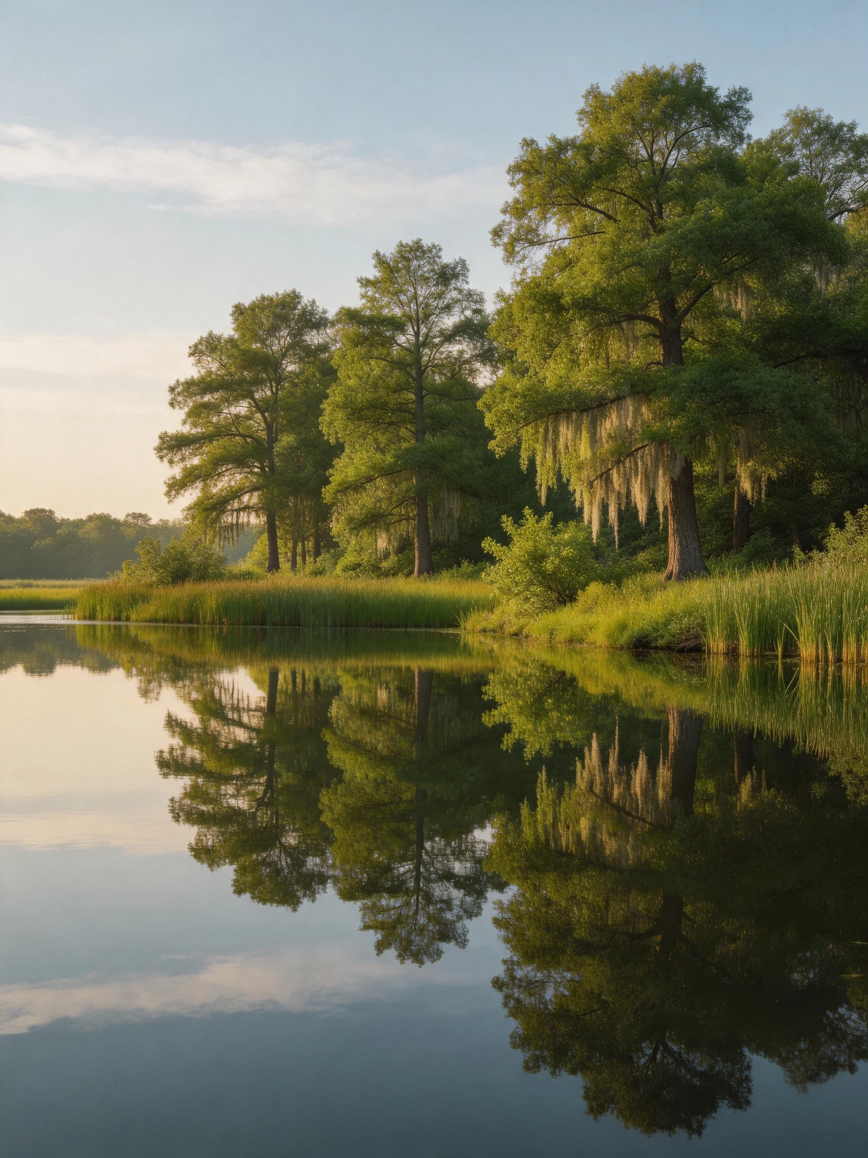 Tall cypress trees reflect in calm waters among lush greenery