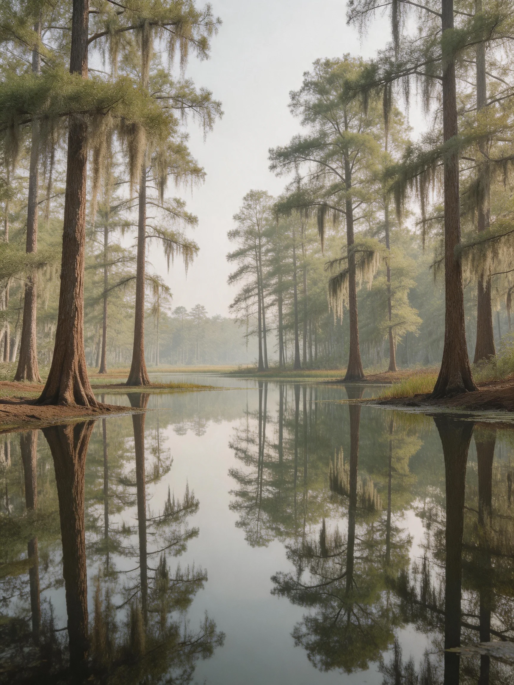 Tall cypress trees reflect in still, mist-shrouded water