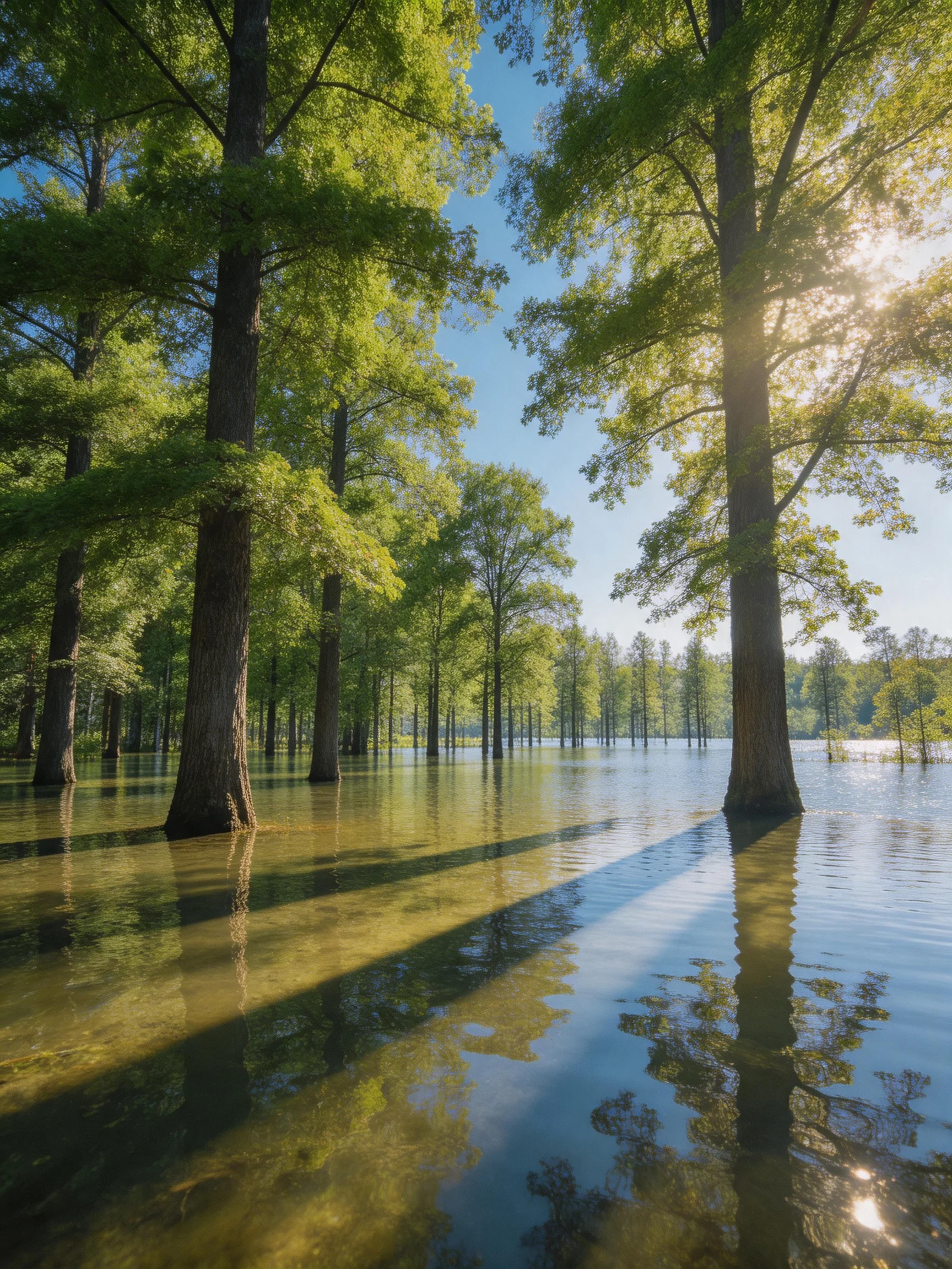 Tall cypress trees stand in shallow floodwaters under bright sunlight