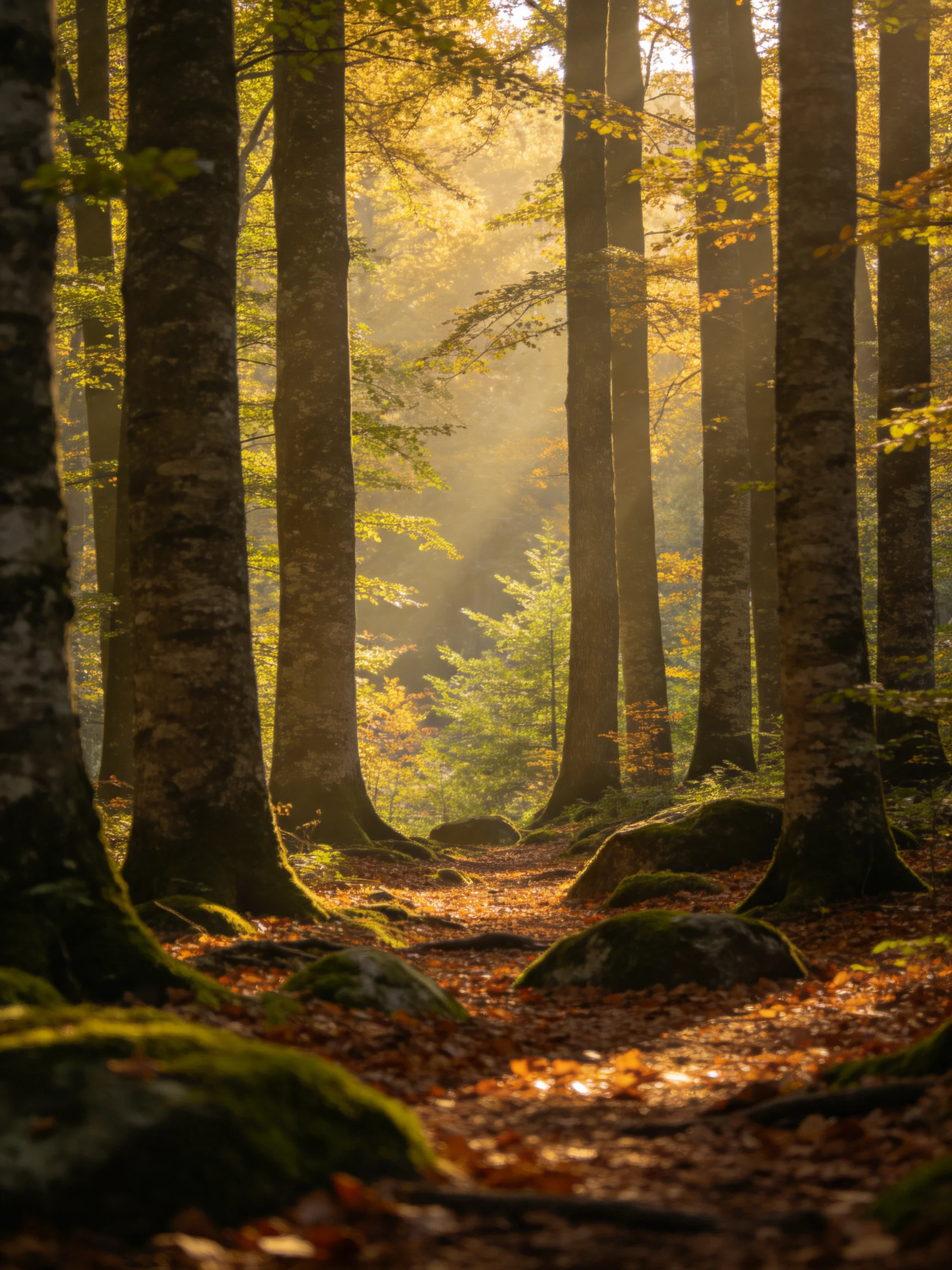 Tall dark tree trunks frame a sunlit autumn forest path