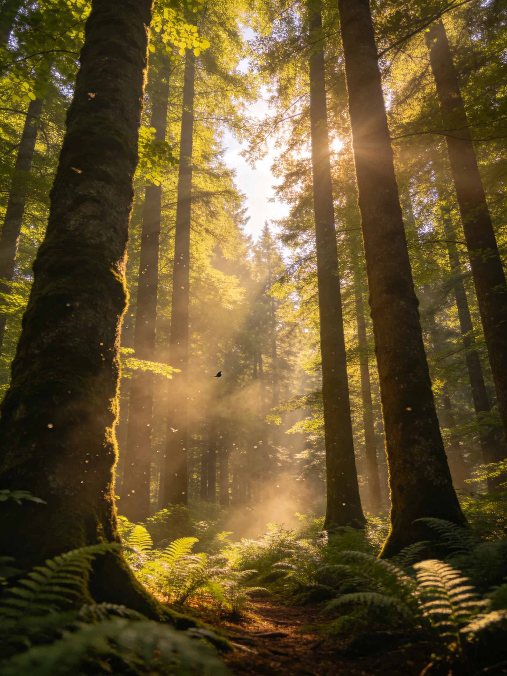 Tall dark tree trunks with golden sunlight filtering through lush green fern-filled forest