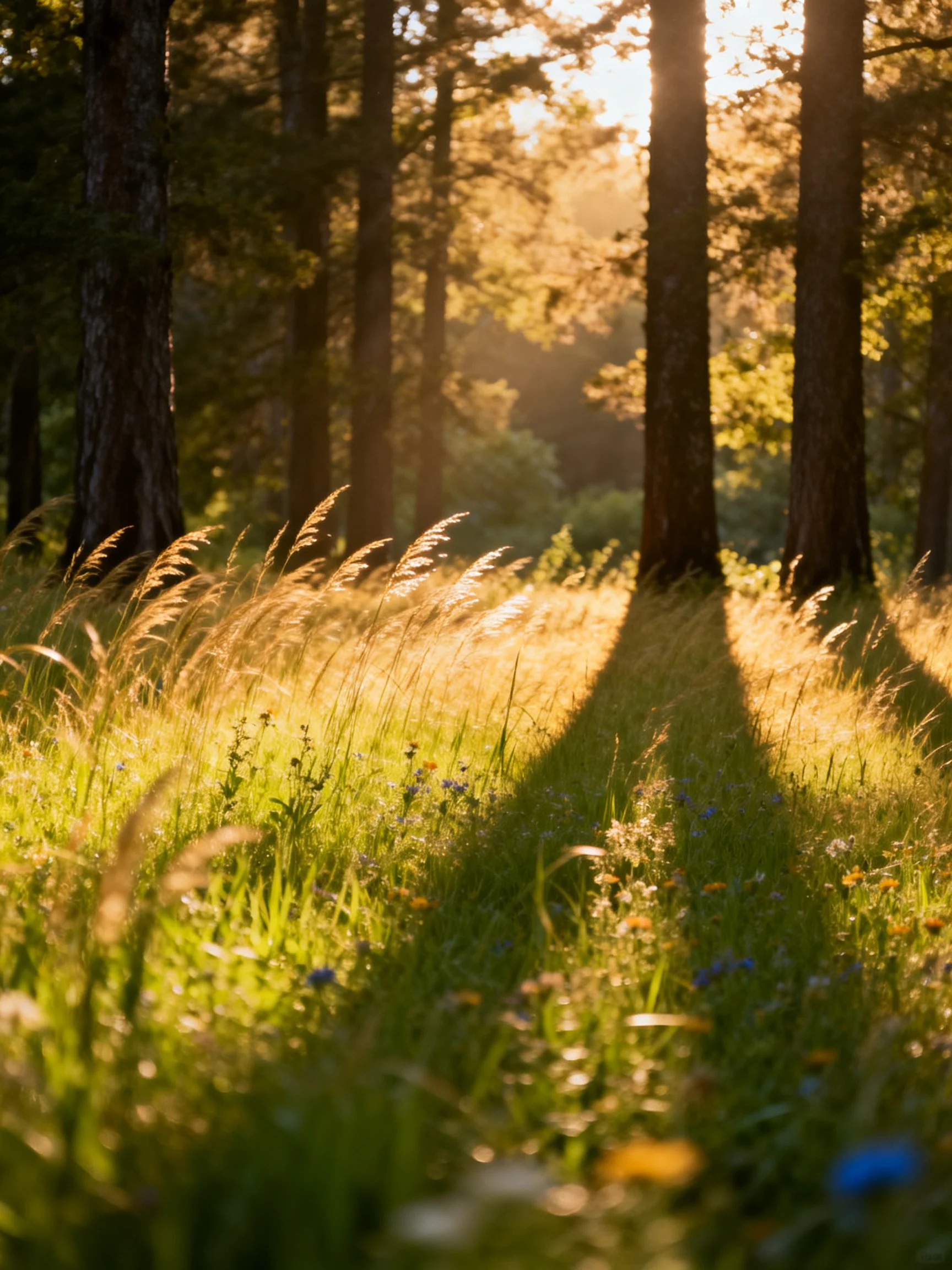 Tall dark trees frame a sunlit meadow of golden grass