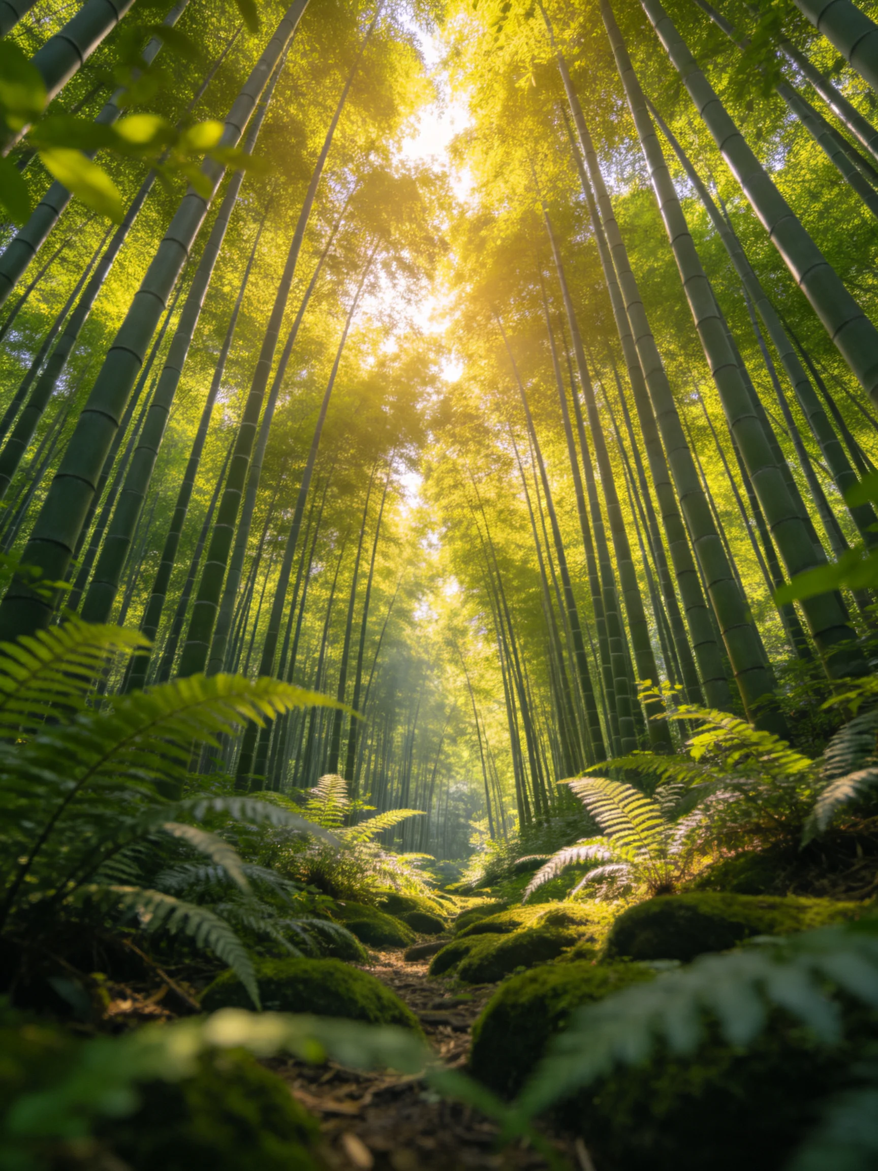 Tall emerald bamboo stalks tower over a moss-covered path with golden sunlight