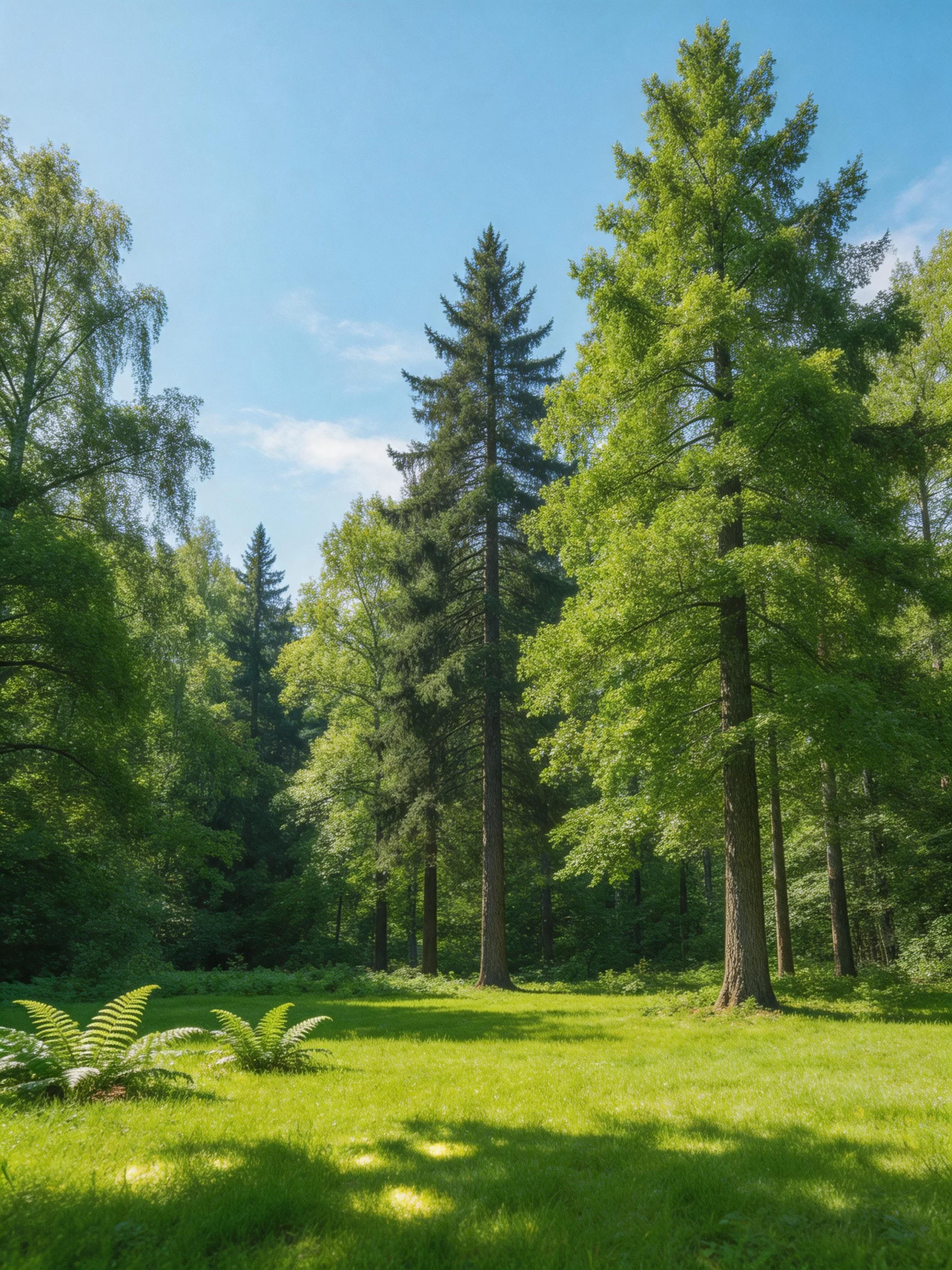 Tall evergreen and deciduous trees fill a sun-dappled green meadow