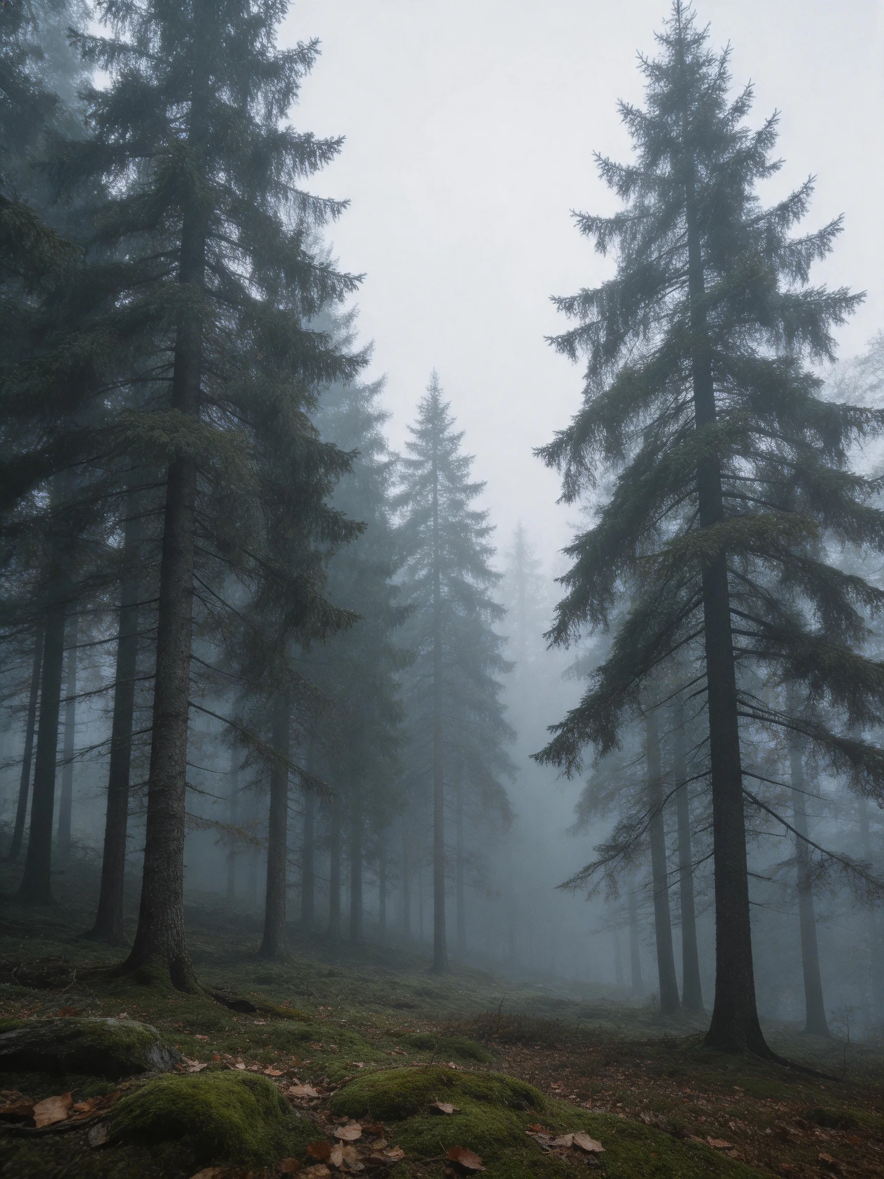 Tall evergreen pines shrouded in thick gray fog over mossy terrain