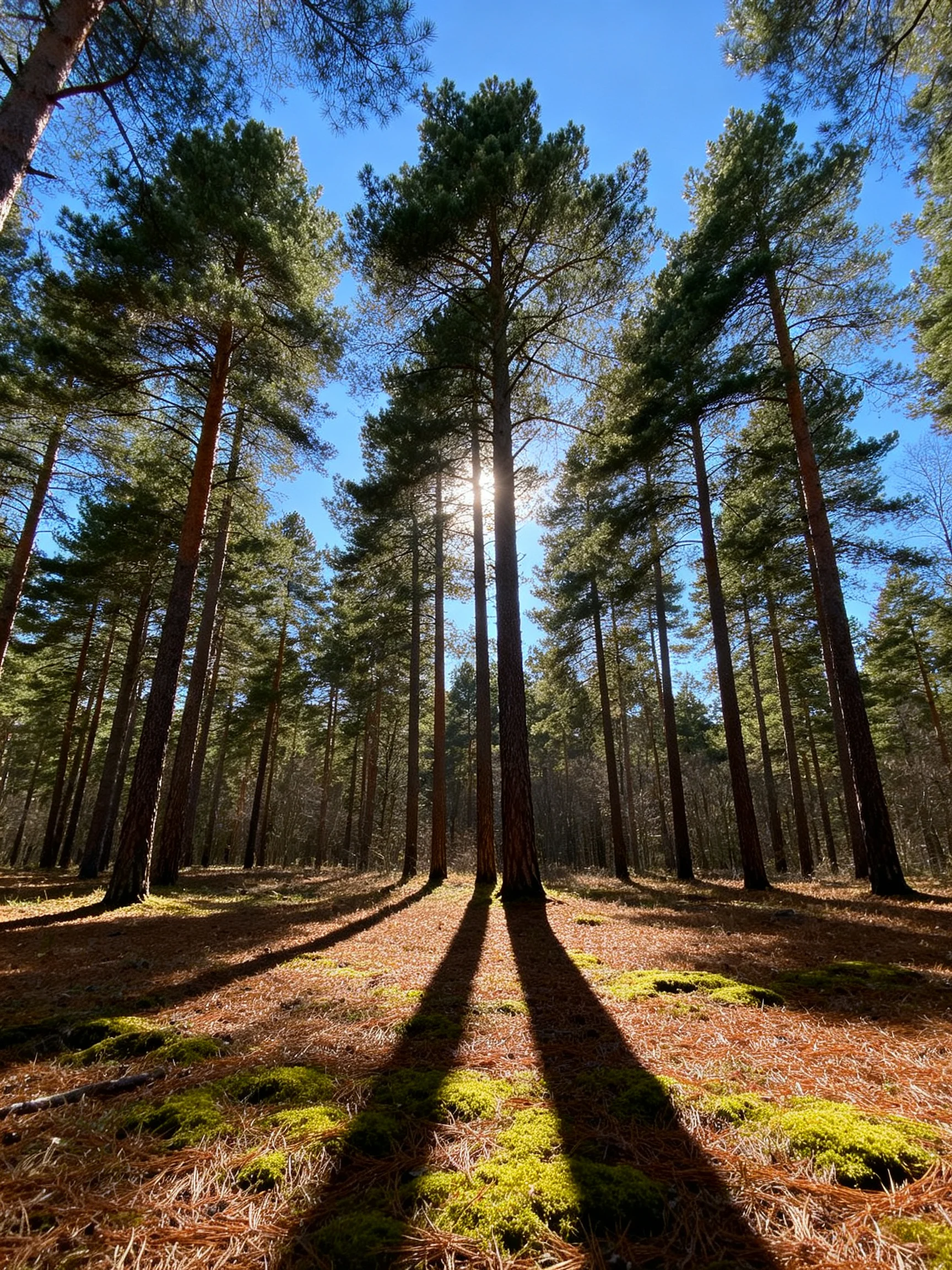 Tall evergreen pines tower in a sun-dappled forest clearing