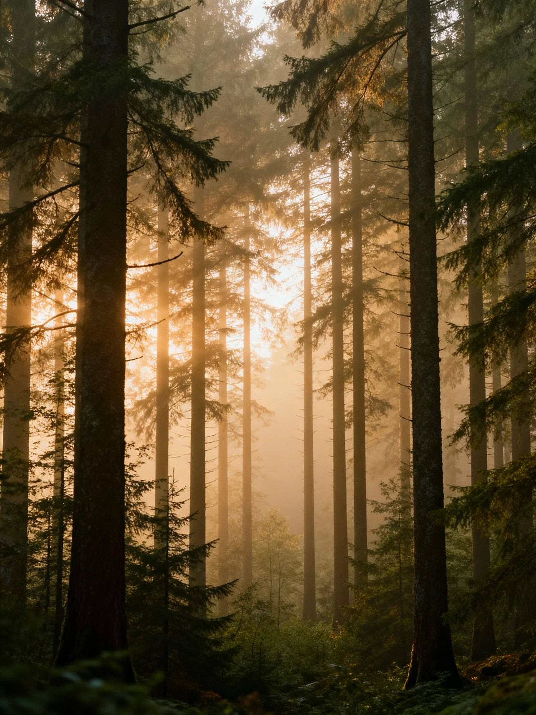 Tall evergreen trees bathed in golden morning mist with sunlight filtering through