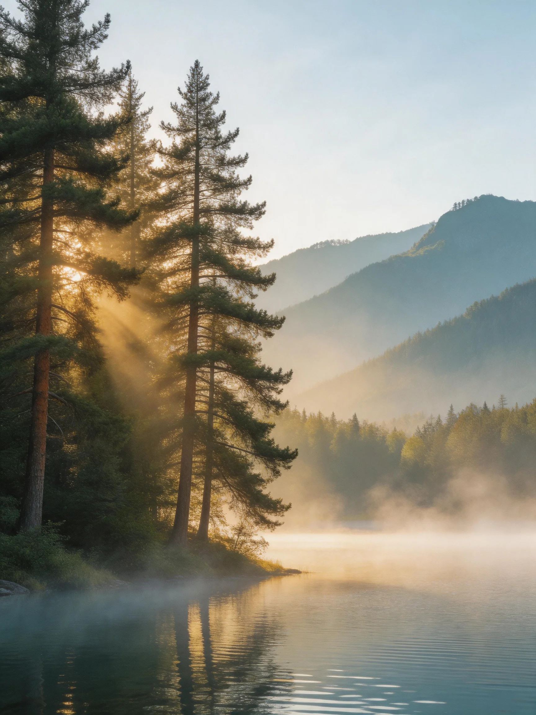 Tall evergreen trees beside a misty lake with golden sunlight