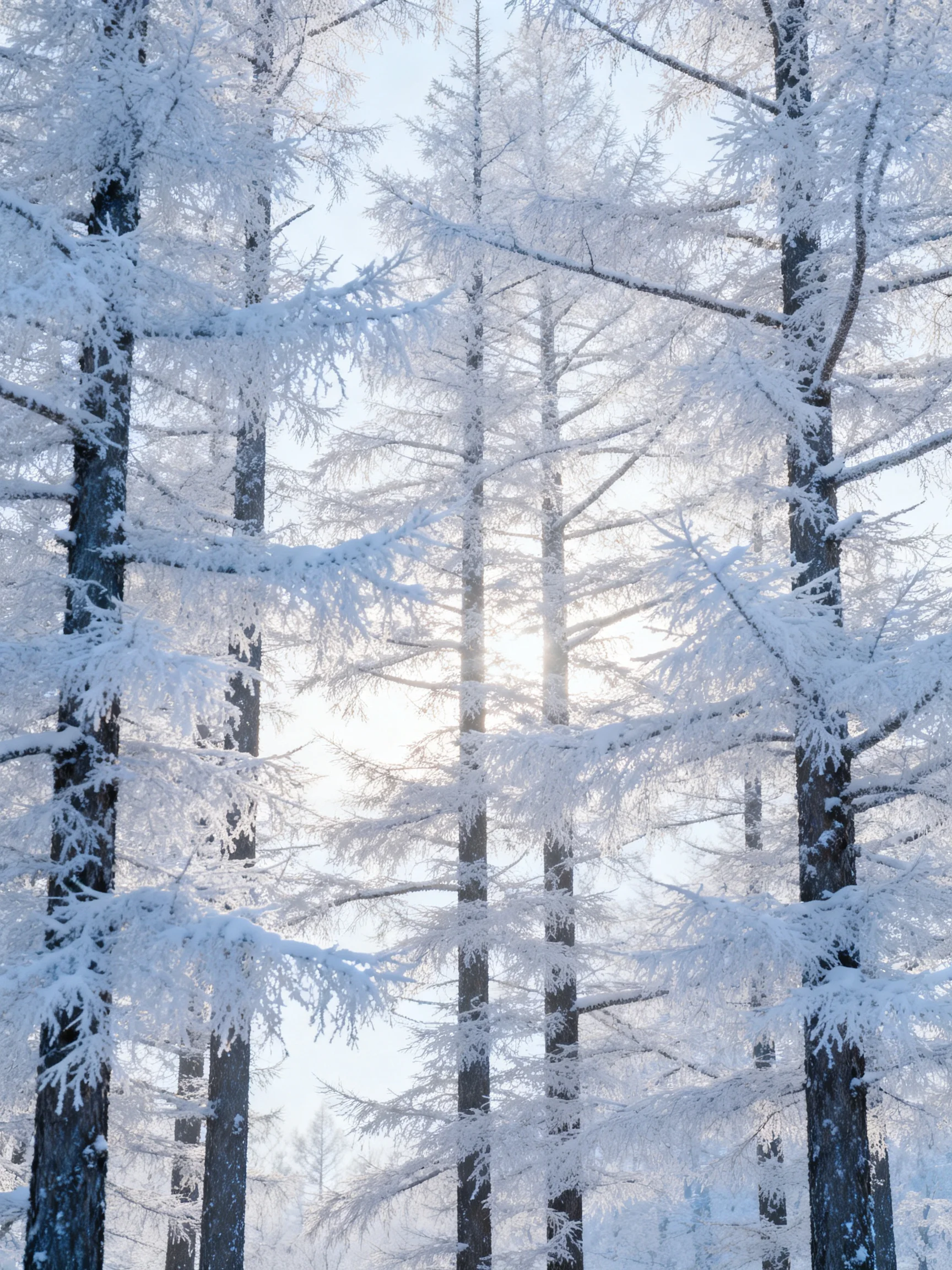Tall evergreen trees blanketed in thick frosty white snow