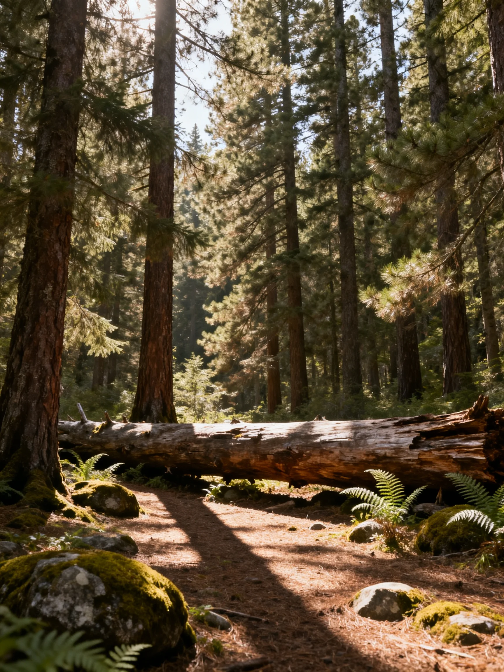 Tall evergreen trees encircle a fallen log in sunlit forest terrain