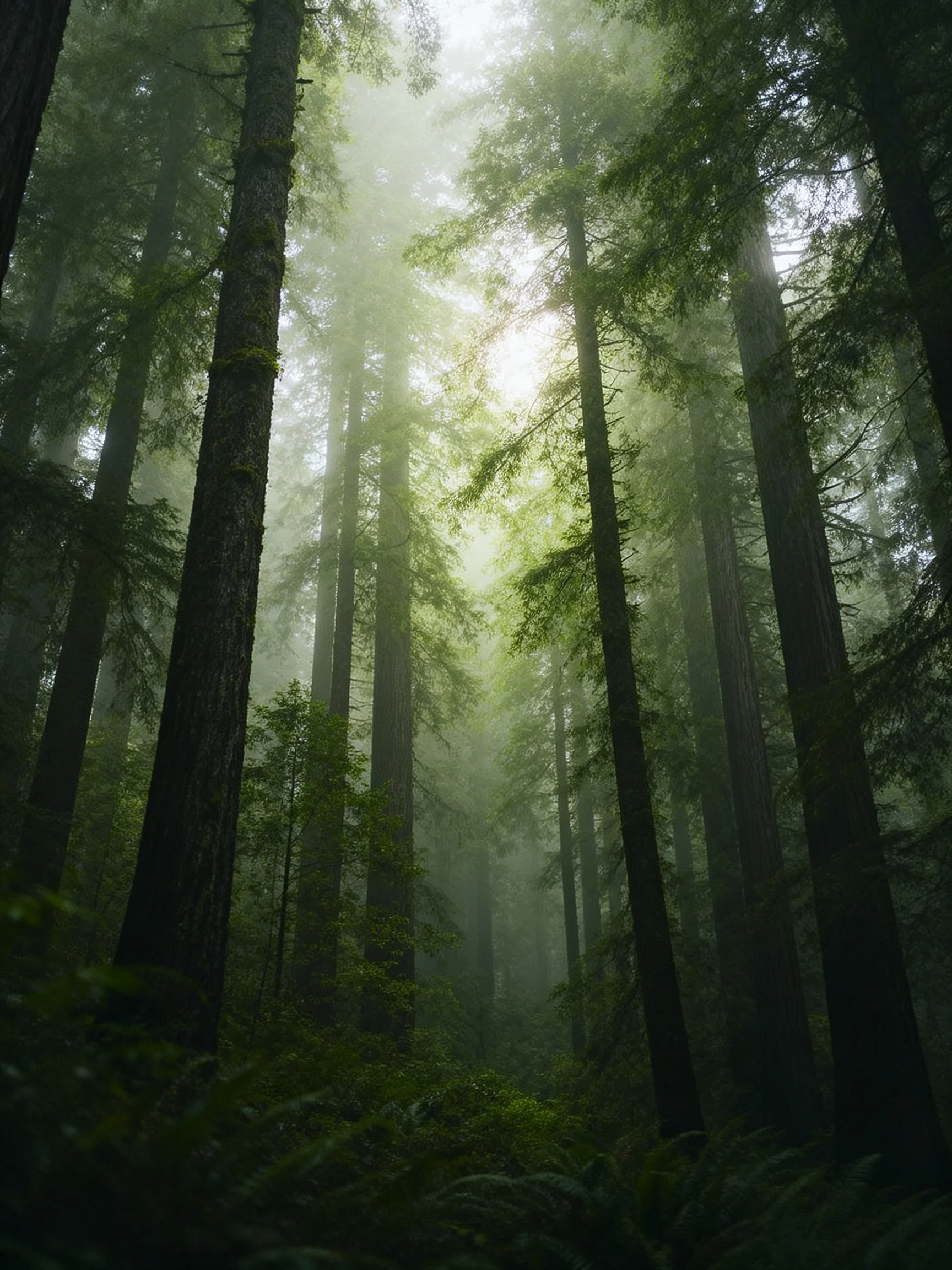 Tall evergreen trees fill a mist-shrouded forest with lush undergrowth
