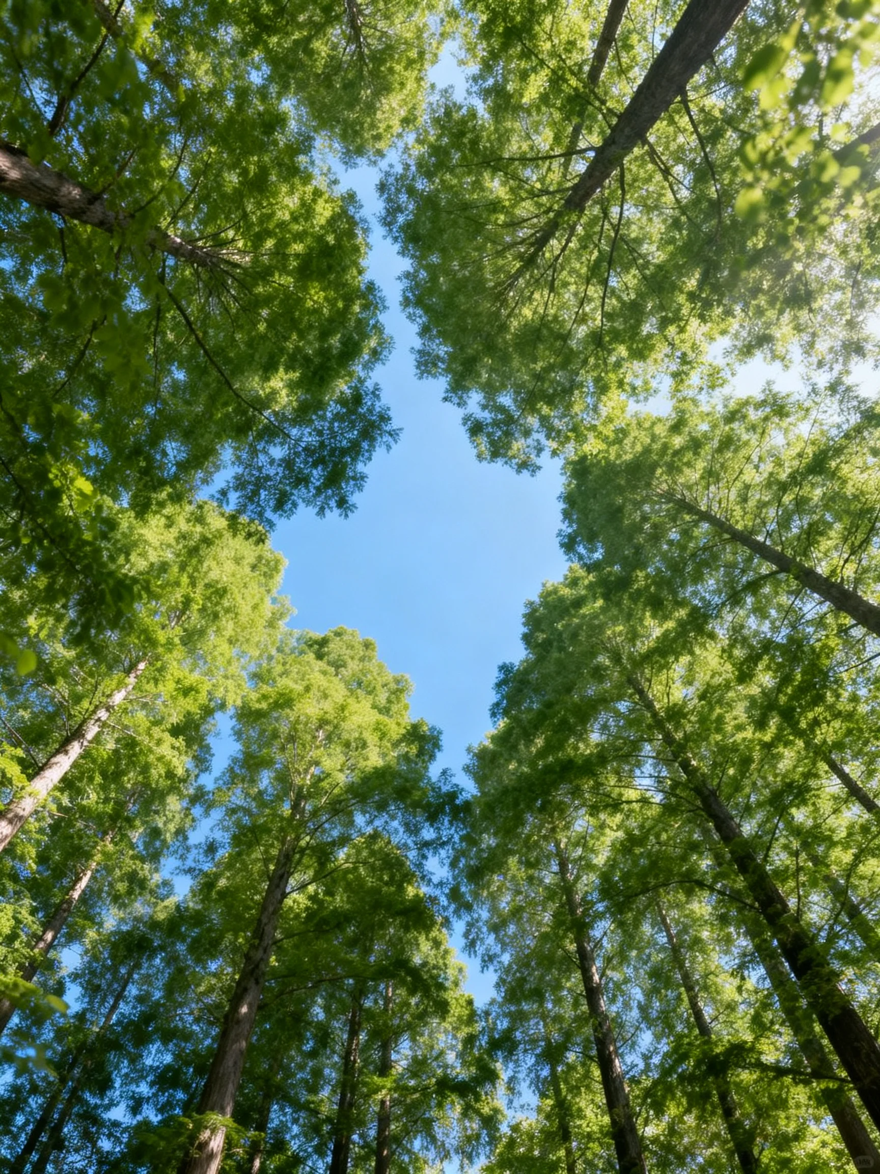 Tall evergreen trees form a lush canopy with bright blue sky between trunks
