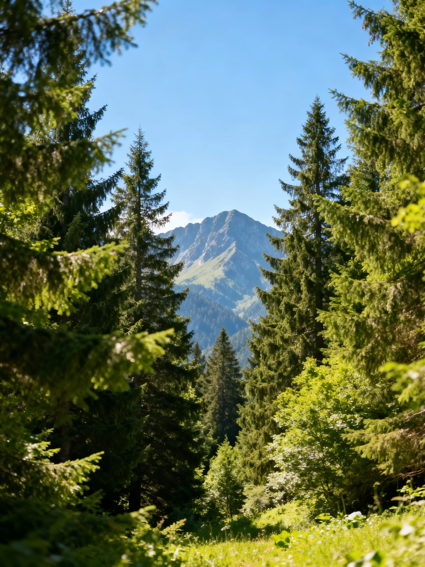 Tall evergreen trees frame a lush meadow with a majestic mountain under bright blue sky
