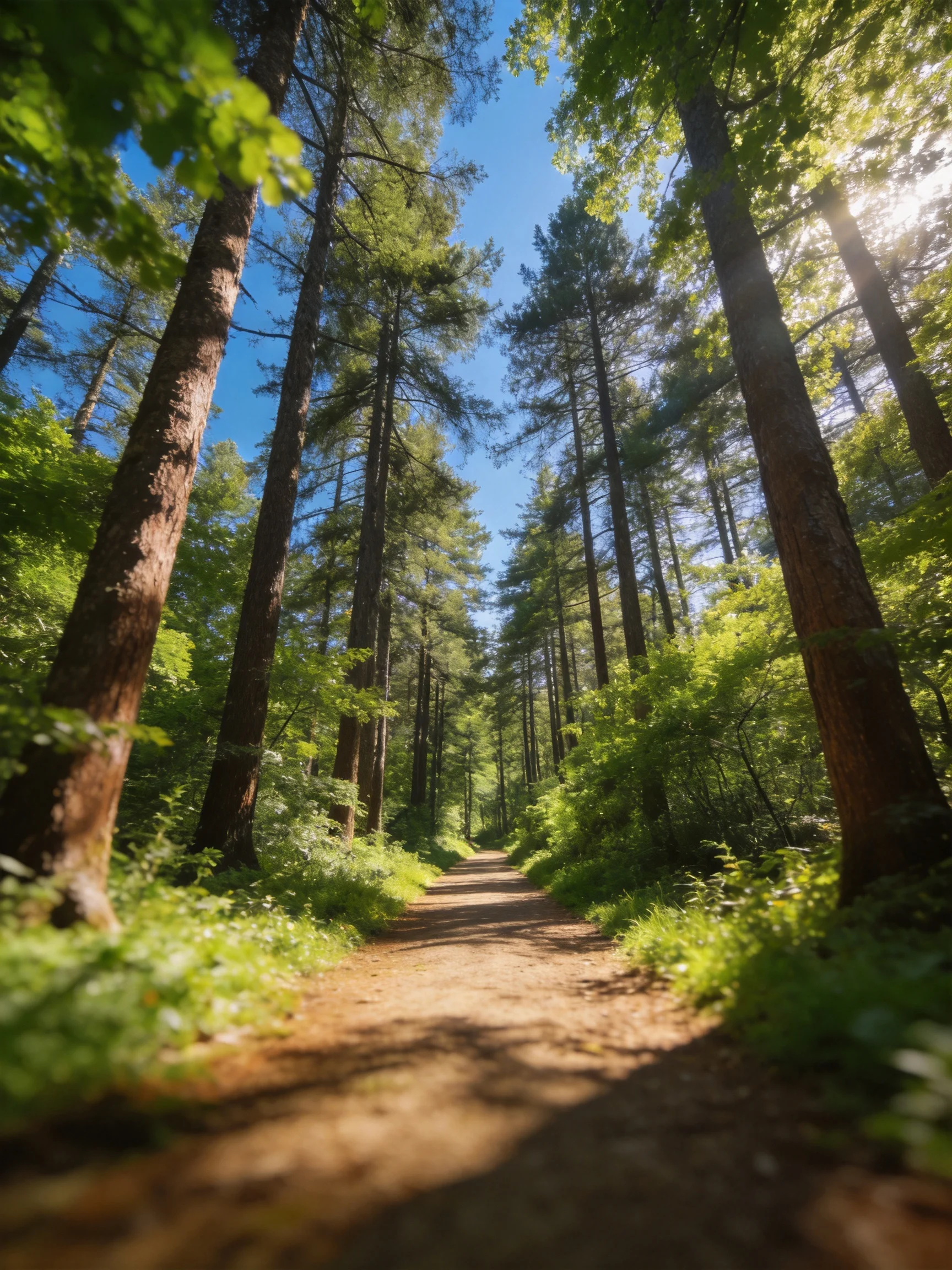 Tall evergreen trees frame a sunlit forest dirt path