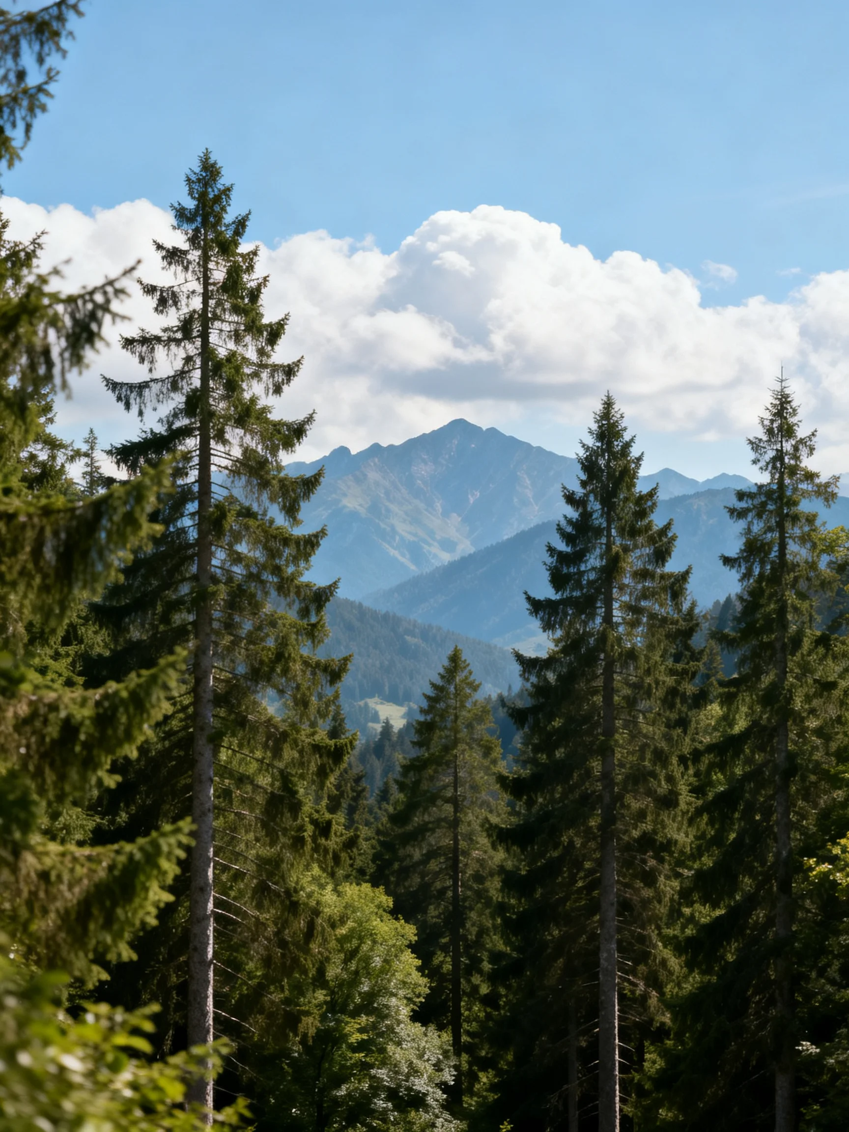 Tall evergreen trees frame distantmountain peaks under bright blue skies