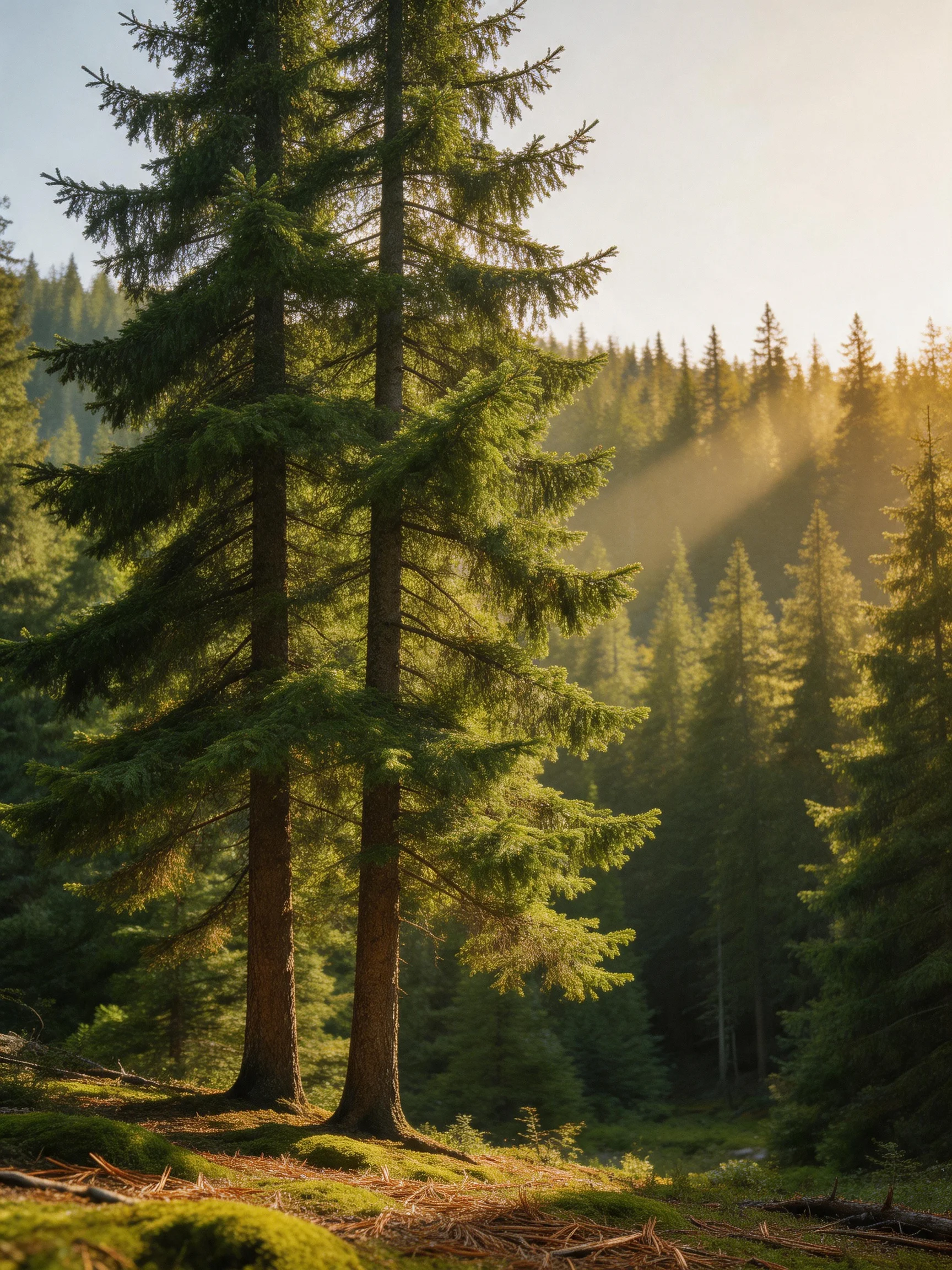 Tall evergreen trees illuminated by golden sunlight in a dense forest