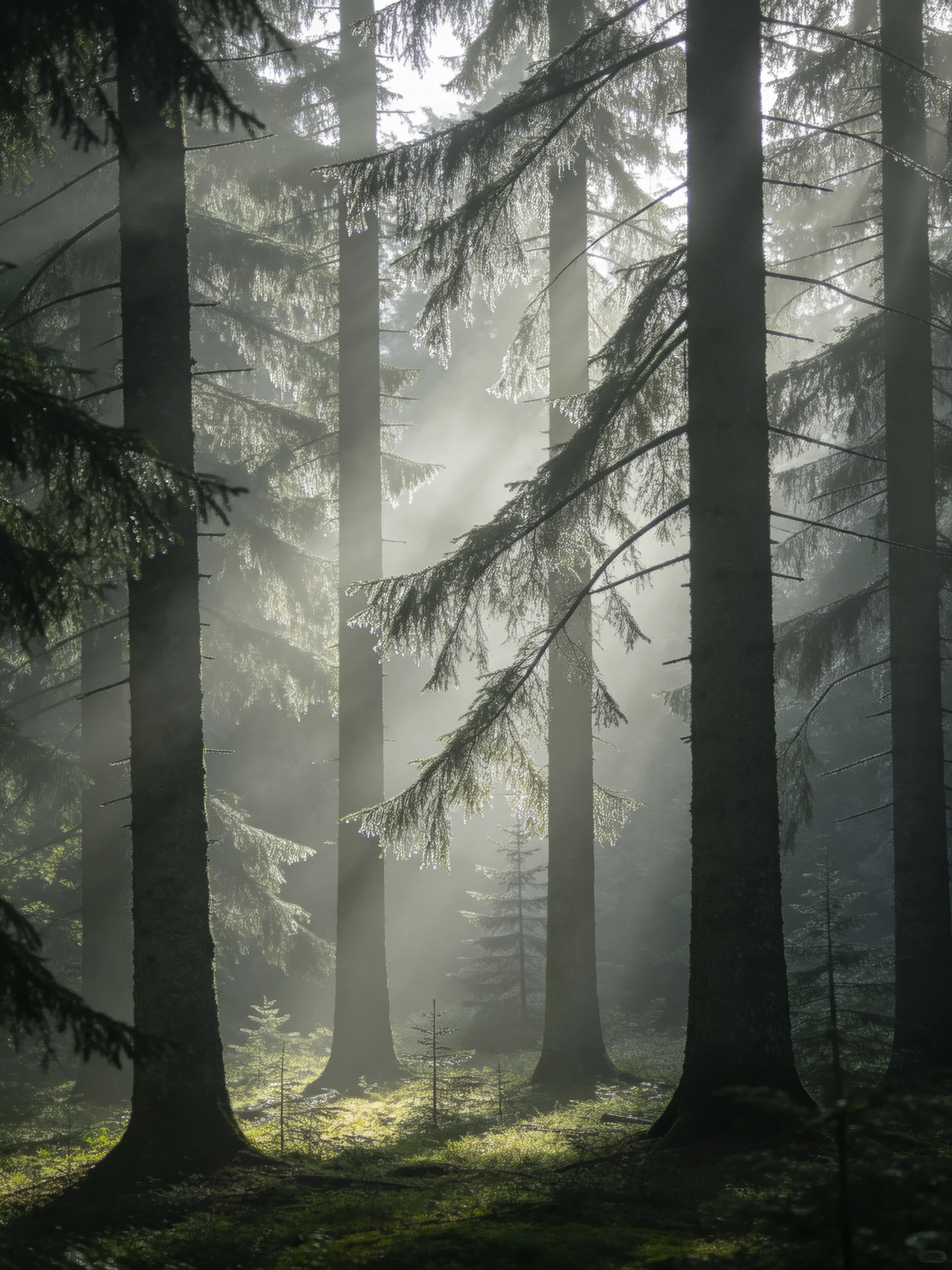 Tall evergreen trees in a misty forest with sunbeams filtering through