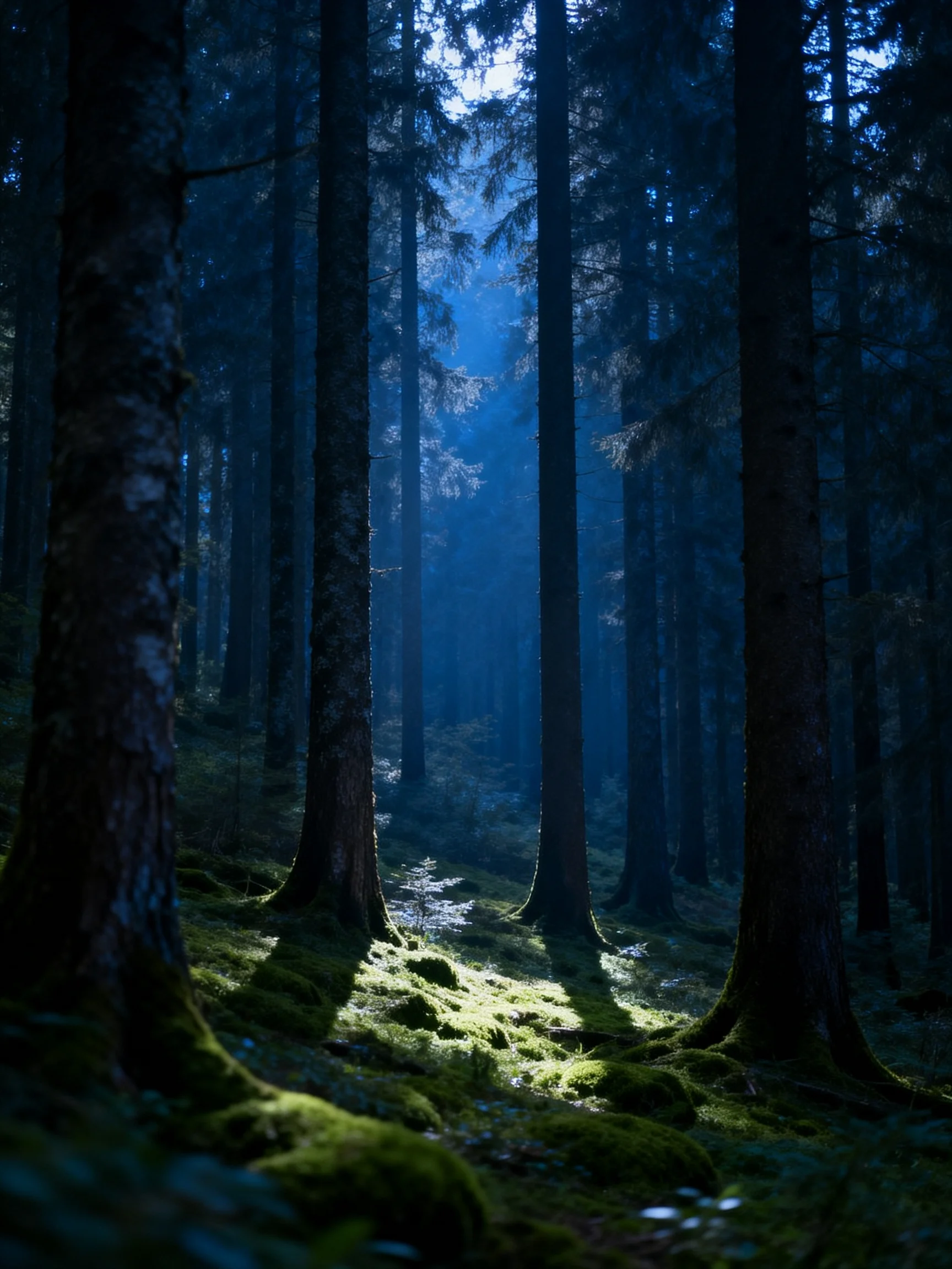Tall evergreen trees in a misty, moss-covered forest with blue light filtering through