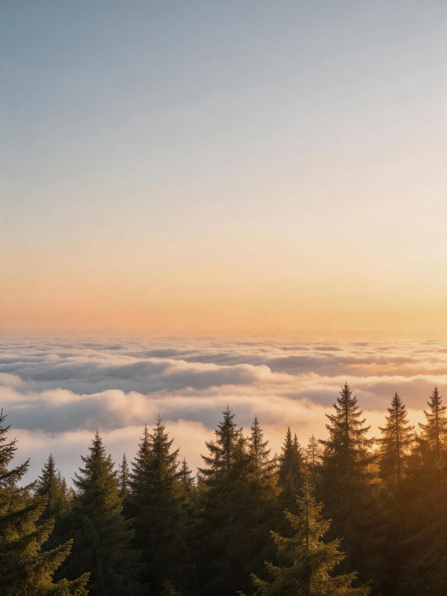 Tall evergreen trees overlook a sea of clouds under a gradient sky
