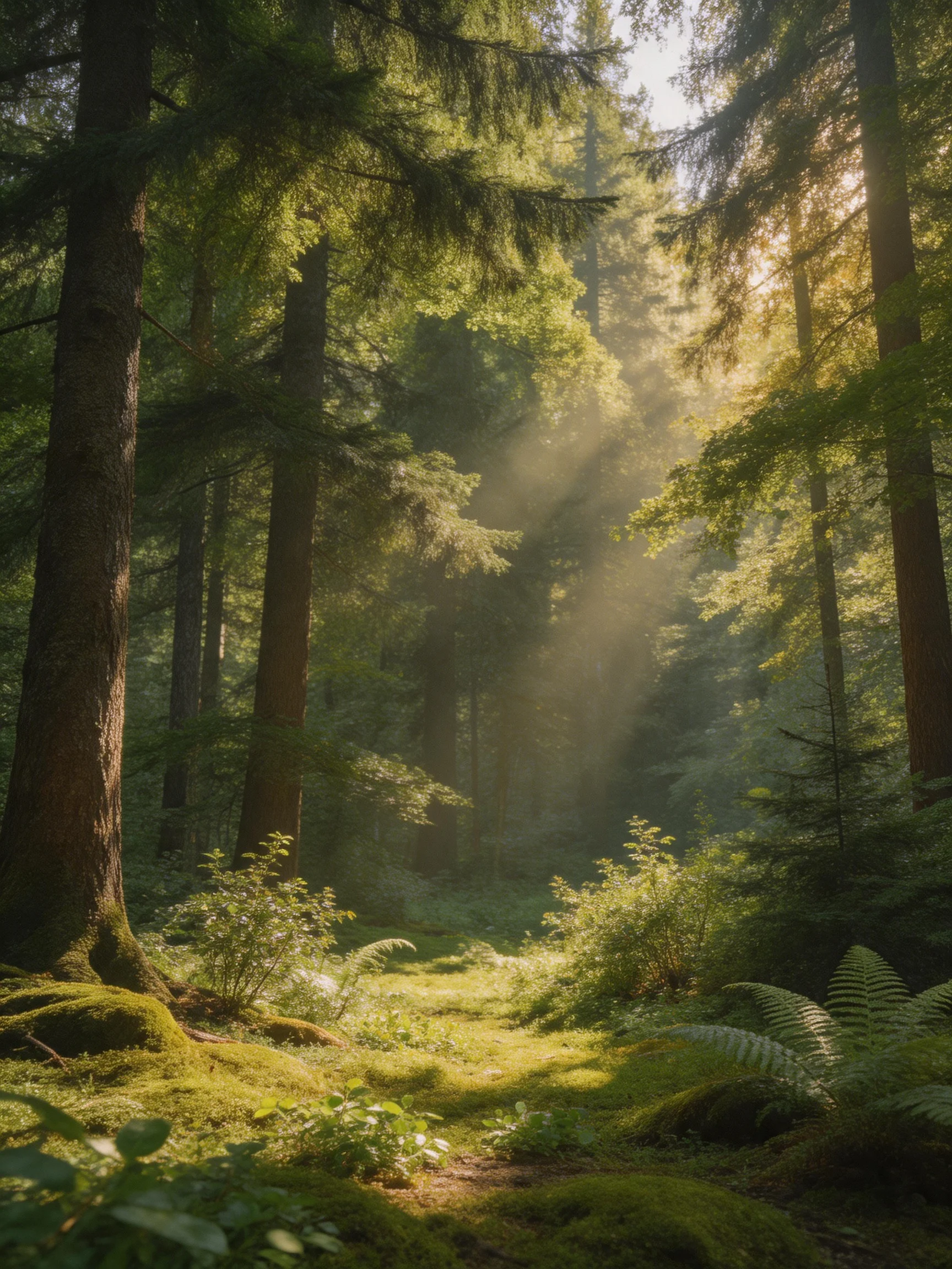 Tall evergreen trees shade a mossy forest path with golden sunlight filtering through