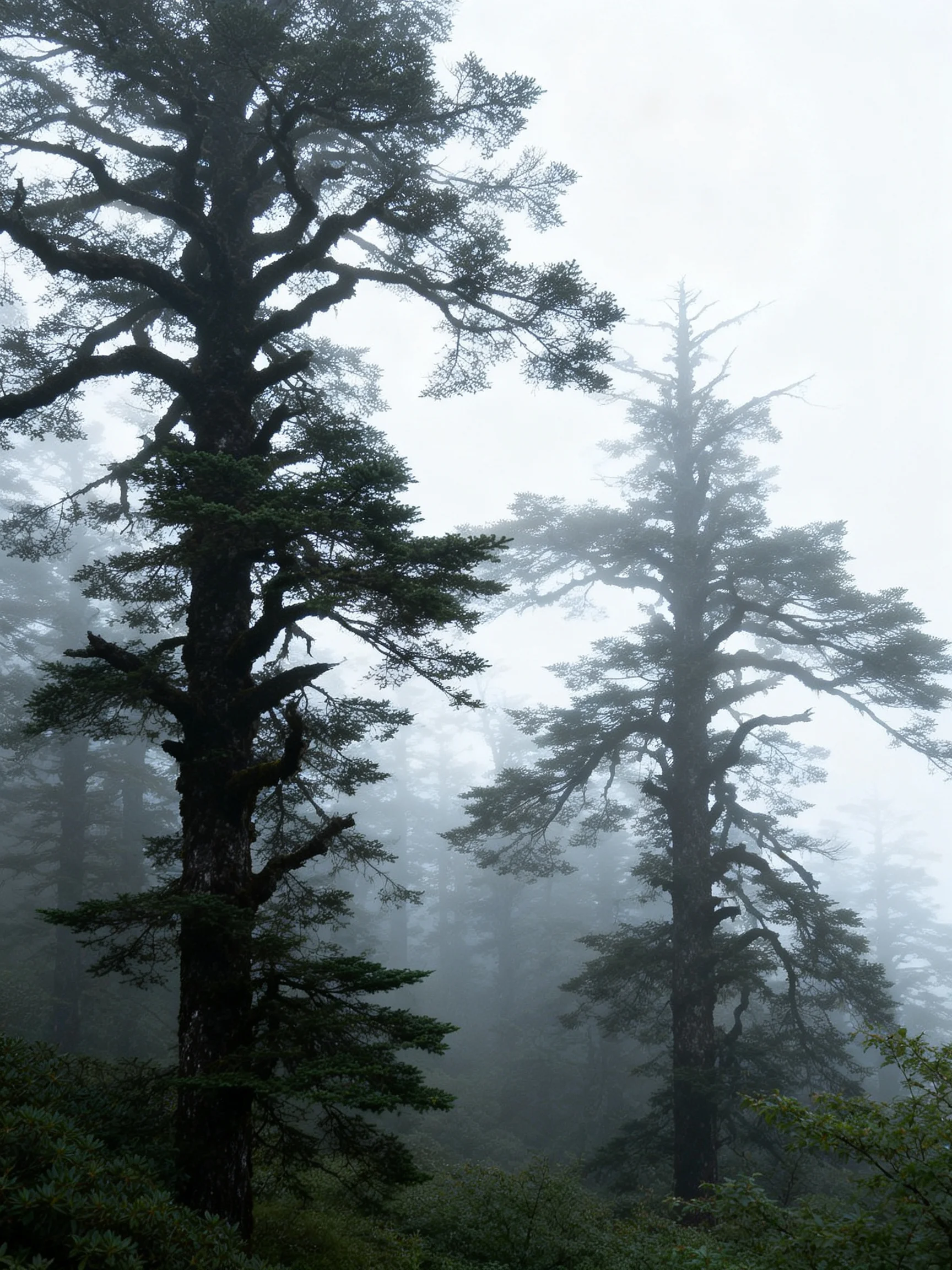 Tall evergreen trees shrouded in dense foggy atmosphere