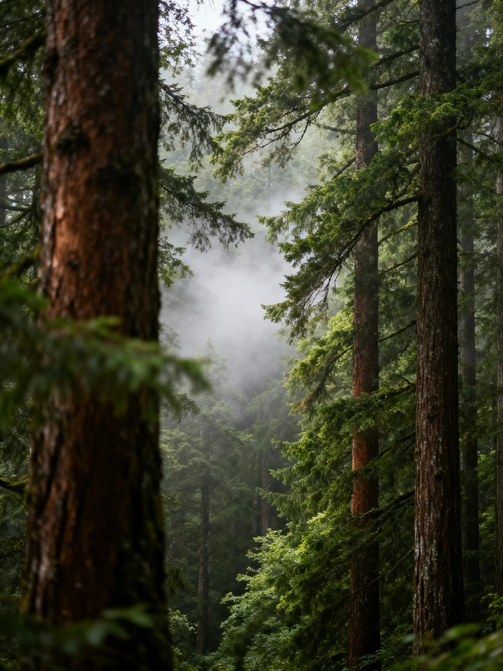 Tall evergreen trees shrouded in mist within dense forest