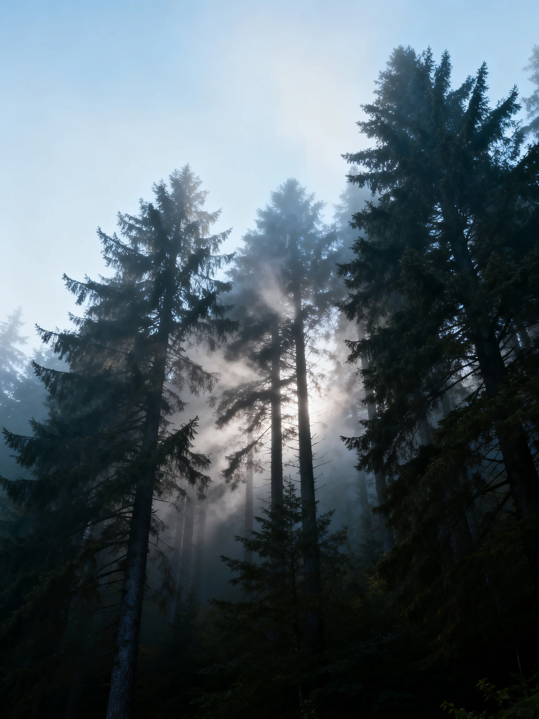 Tall evergreen trees shrouded in morning mist with sun rays