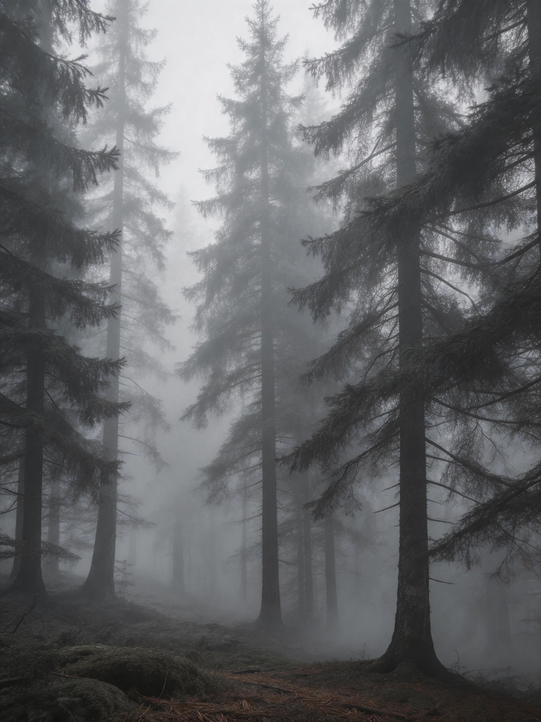 Tall evergreen trees shrouded in thick gray mist