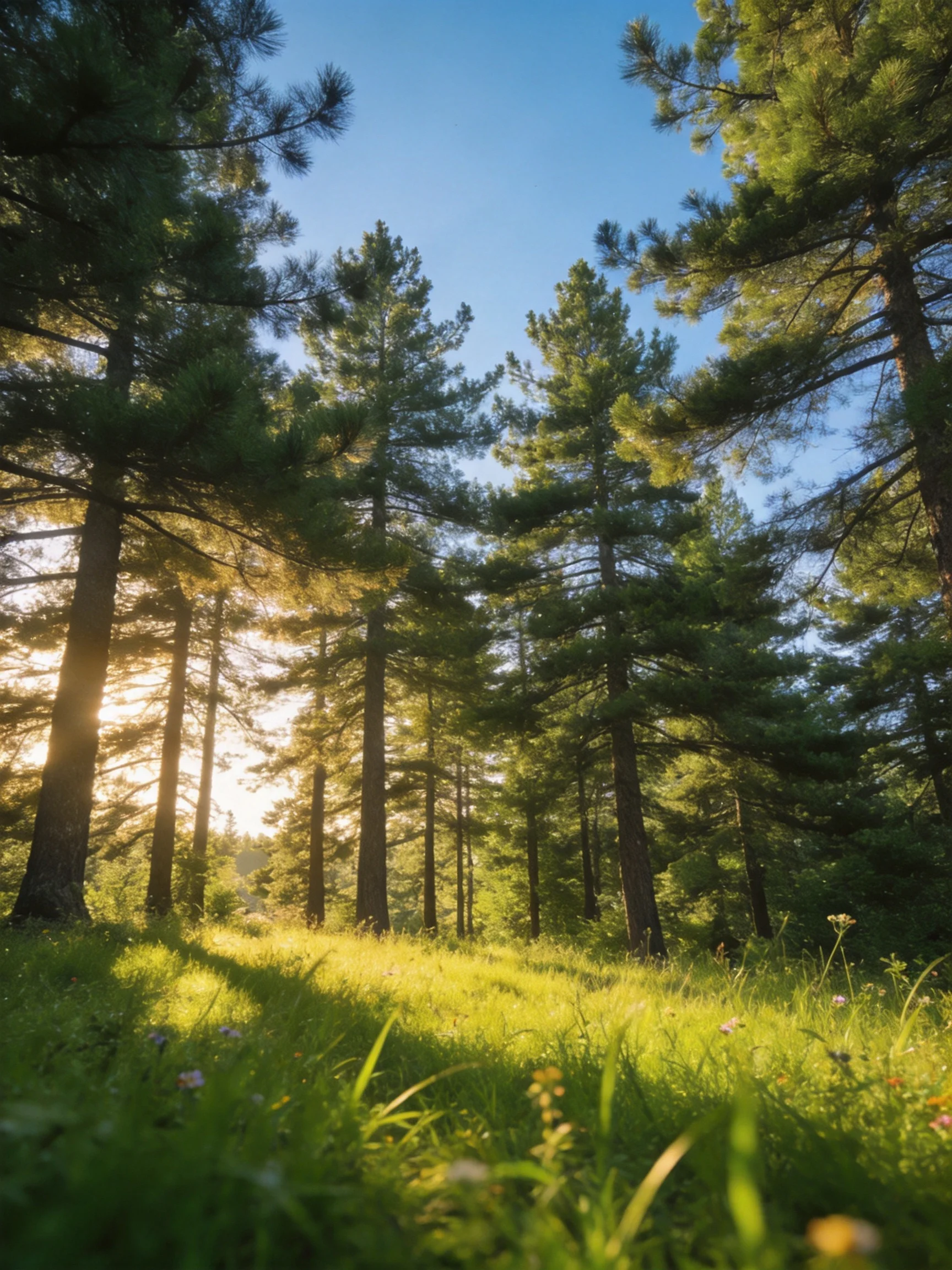 Tall evergreen trees stand amid sun-dappled green meadows