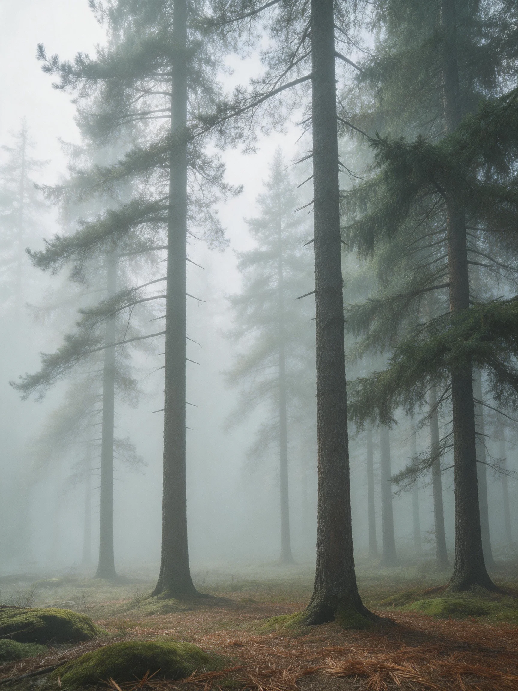 Tall evergreen trees stand in a misty, moss-covered forest clearing.