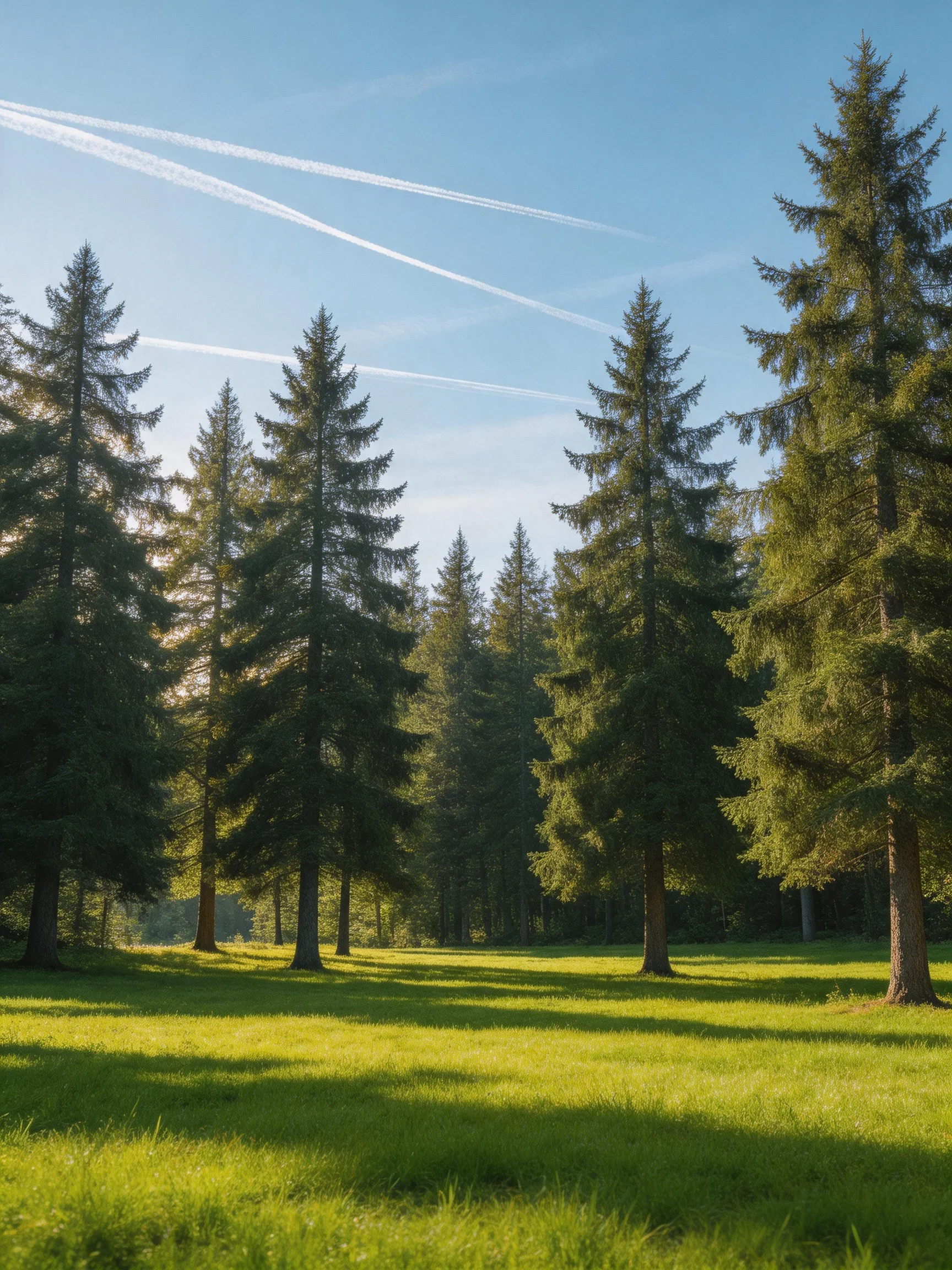 Tall evergreen trees stand in a sunlit green meadow with clear sky