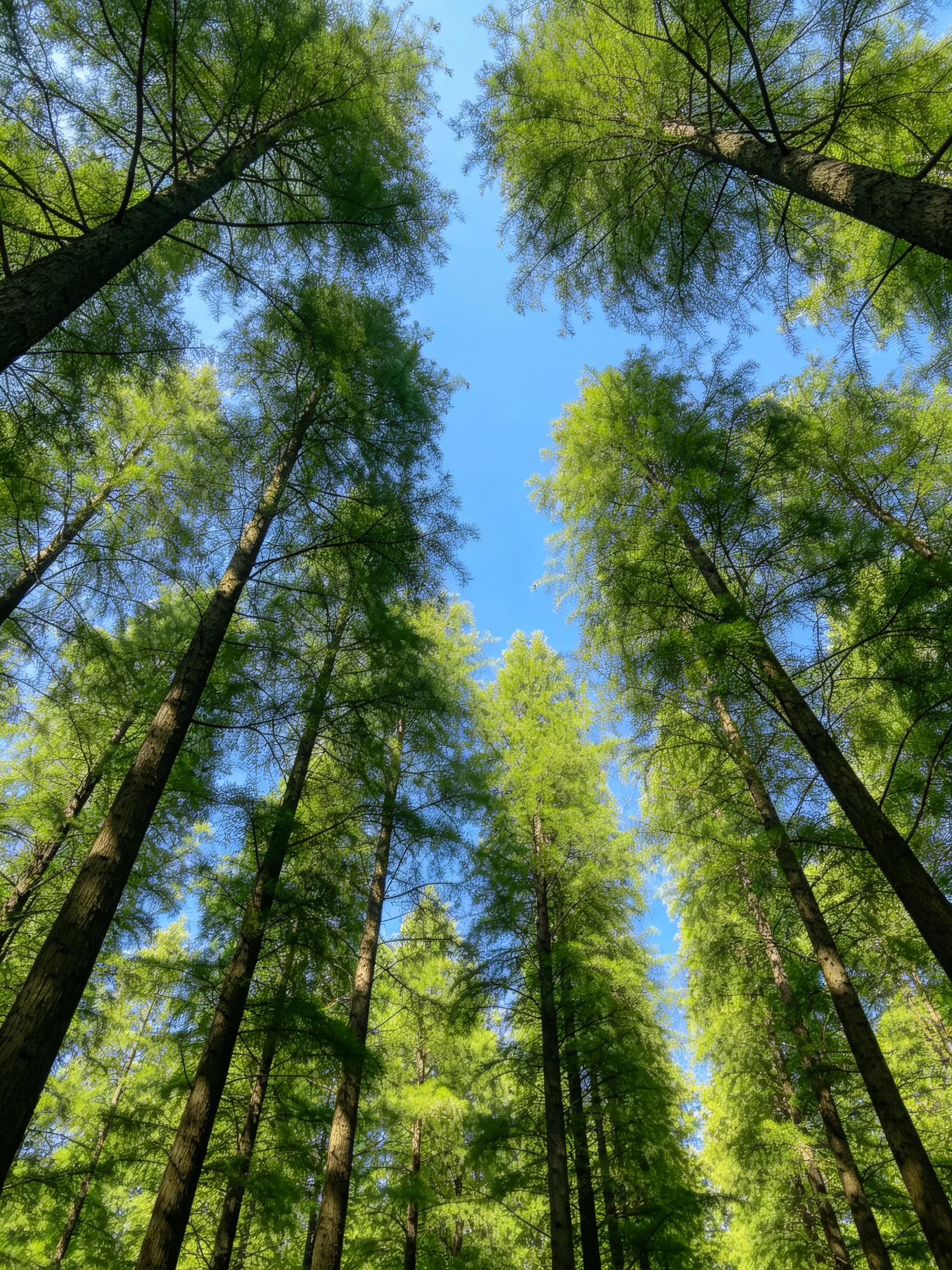Tall evergreen trees tower with dense green foliage and clear blue sky
