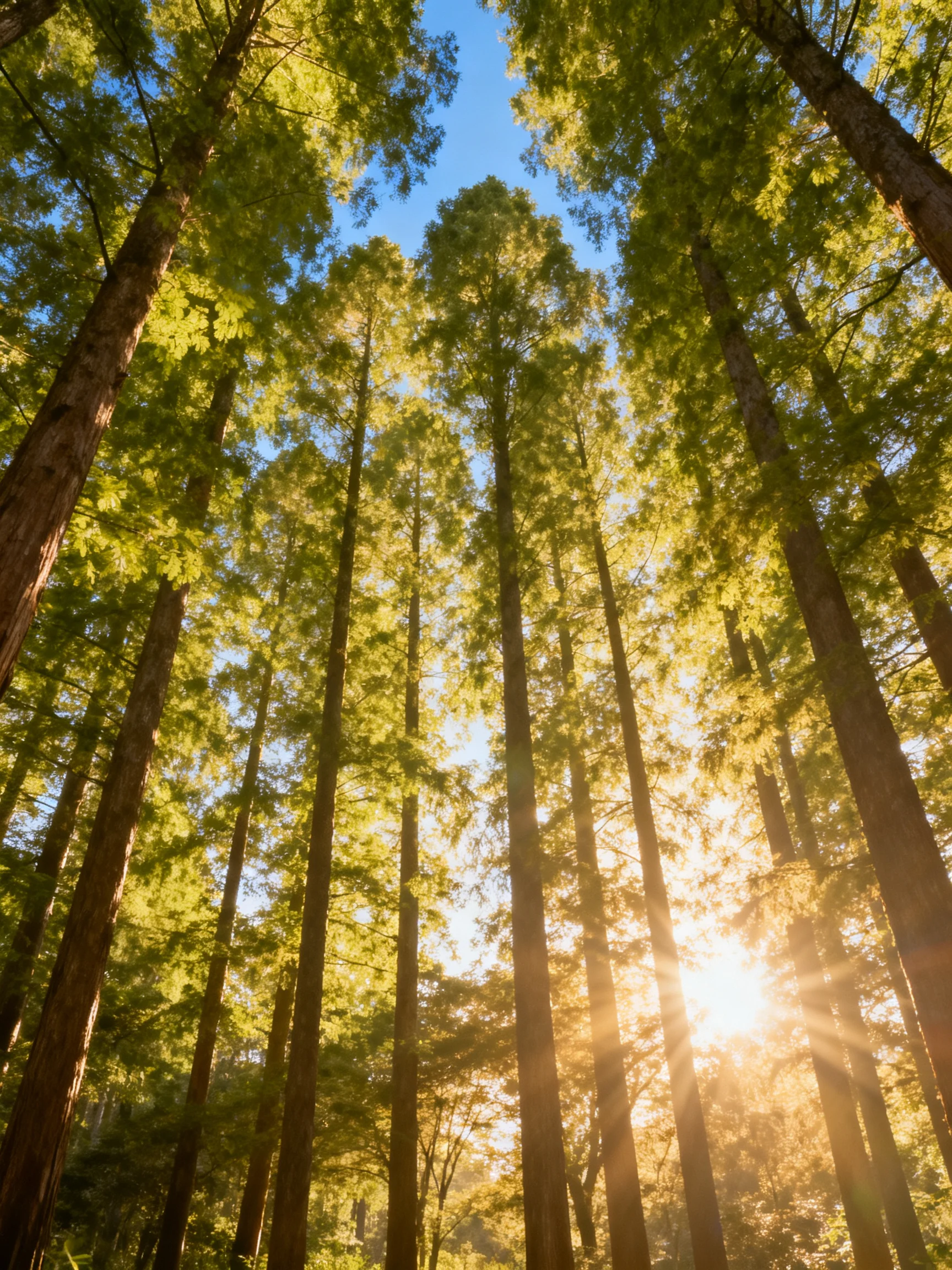 Tall evergreen trees with golden sunlight filtering through