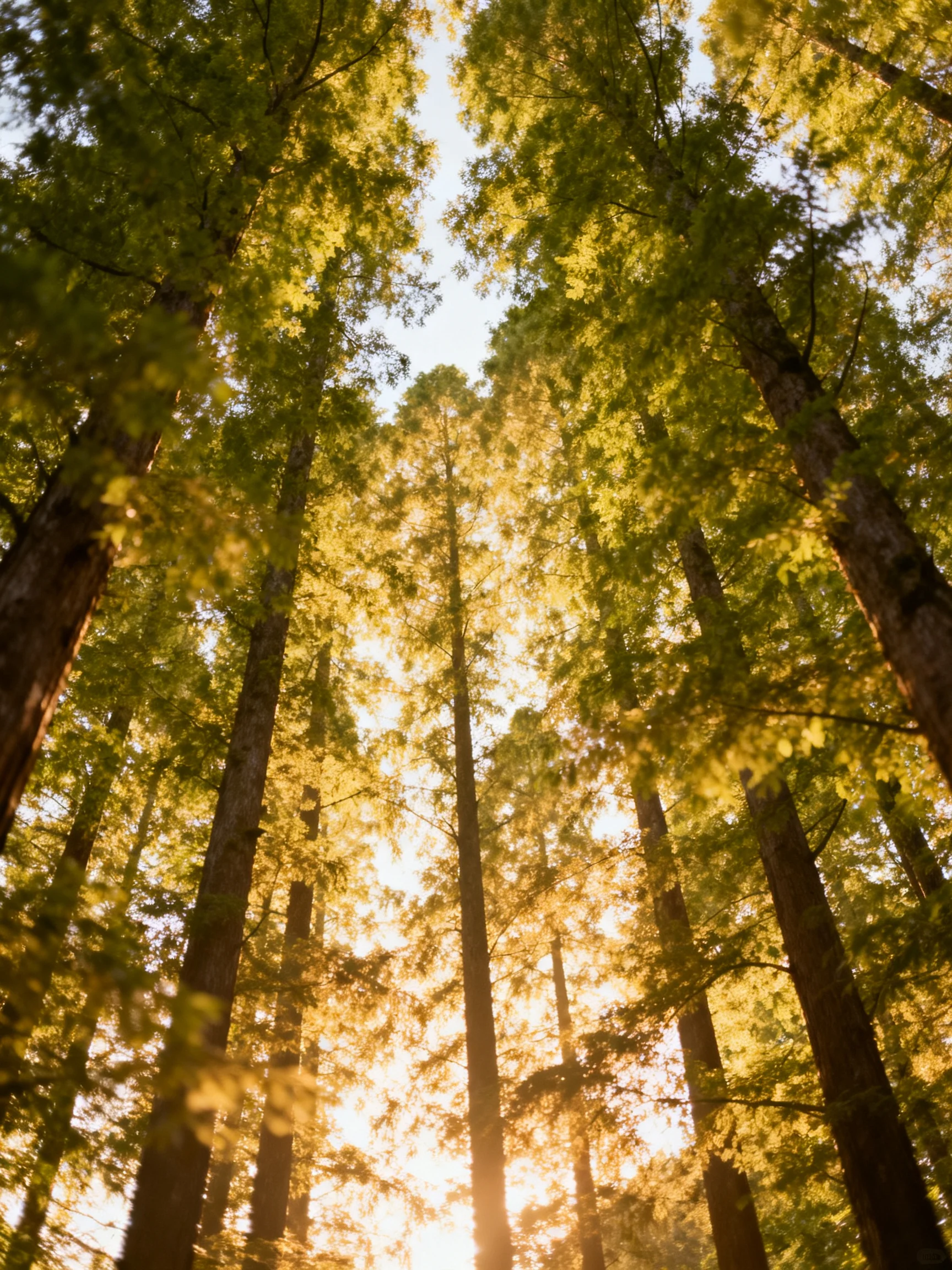 Tall evergreen trees with golden sunlight filtering through dense foliage