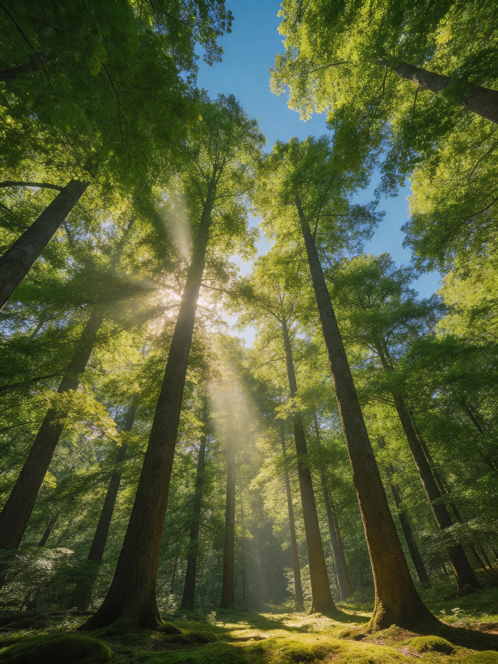 Tall evergreen trees with sunlight filtering through lush green canopy