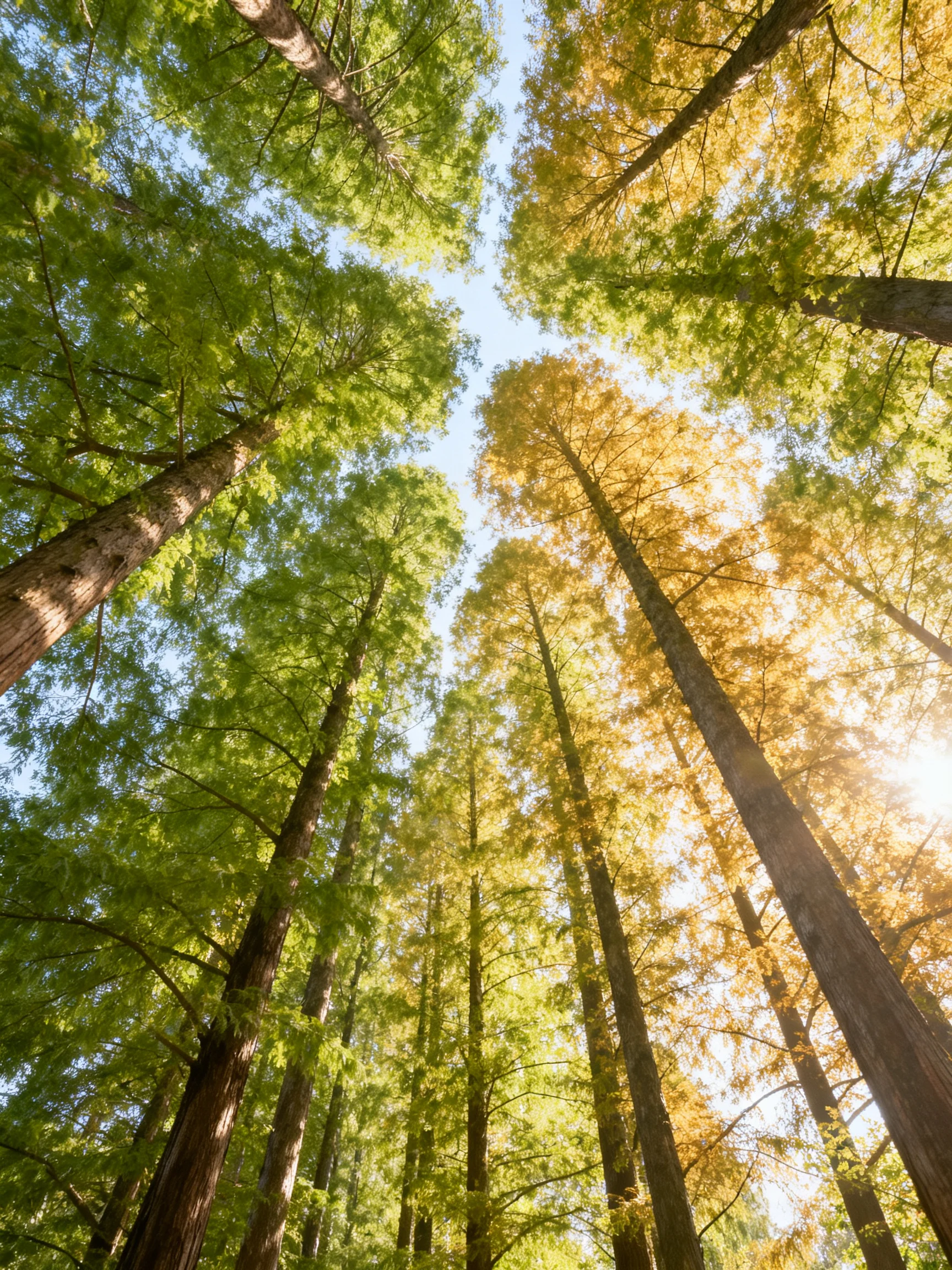 Tall evergreens and golden-hued trees fill the skyward forest view